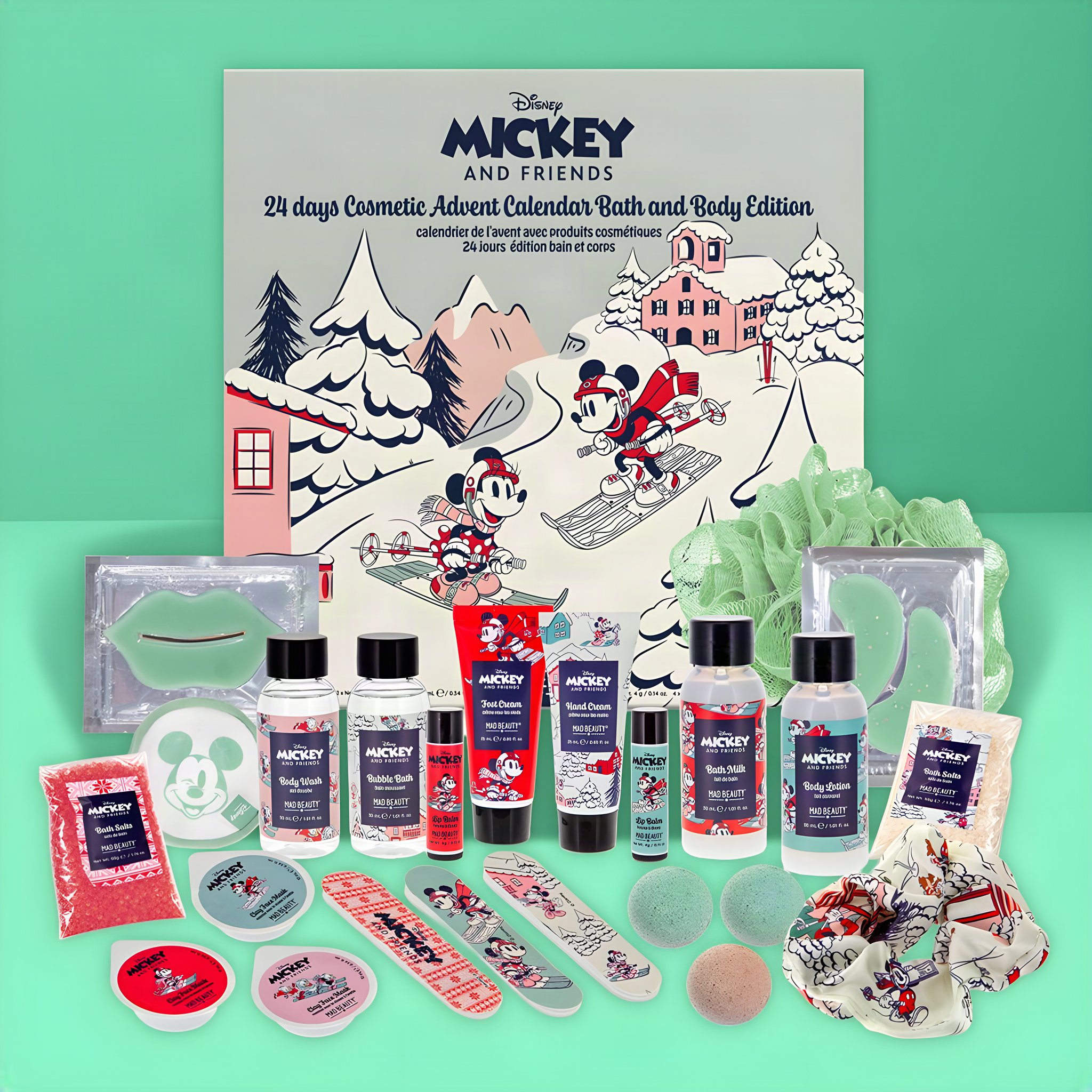 Mickey Ski Adventskalender mit ausgebreitetem Inhalt aus Duschgel, Lotion, Augenpads und Scrunchie