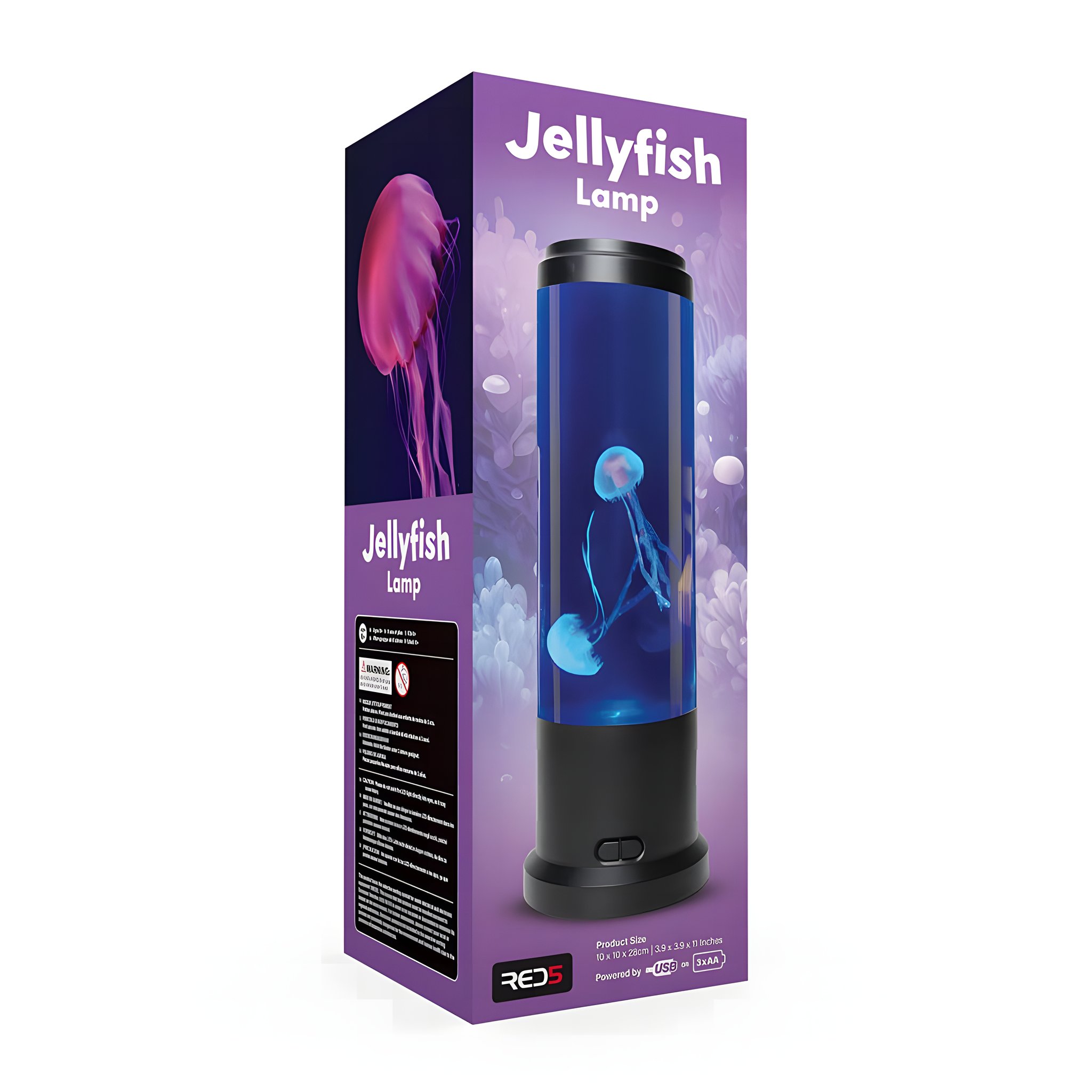 Purple packaging of the round jellyfish lamp showing the lit lamp