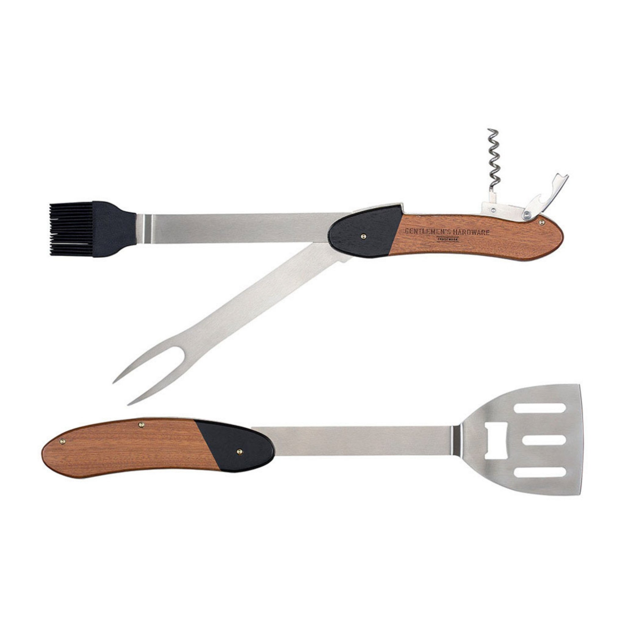 The BBQ Multi Tool unfolded, showing brush, fork, corkscrew and slotted turner with bottle opener beside the wooden handle