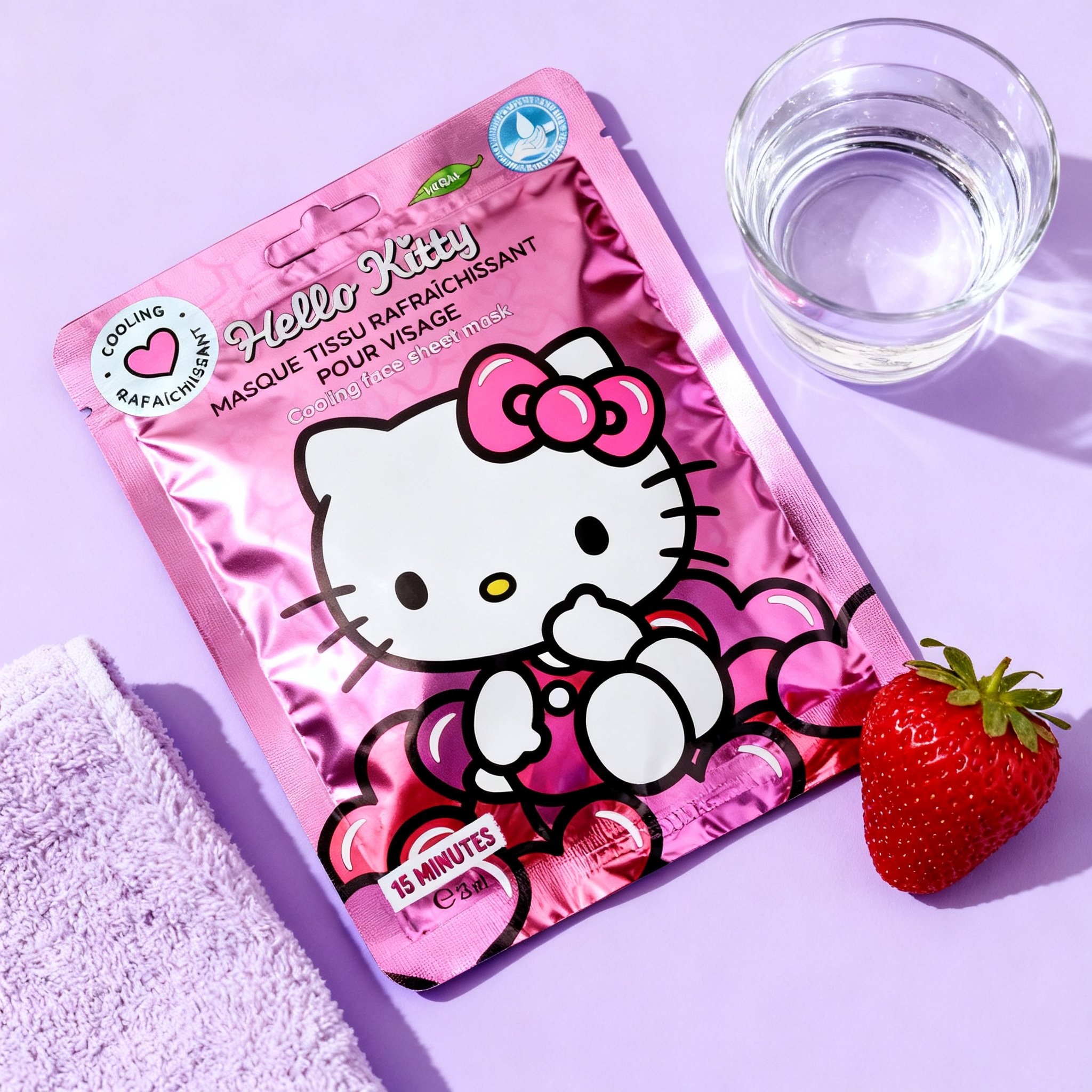 Cooling Hello Kitty sheet mask standing upright next to a strawberry and a lilac towel