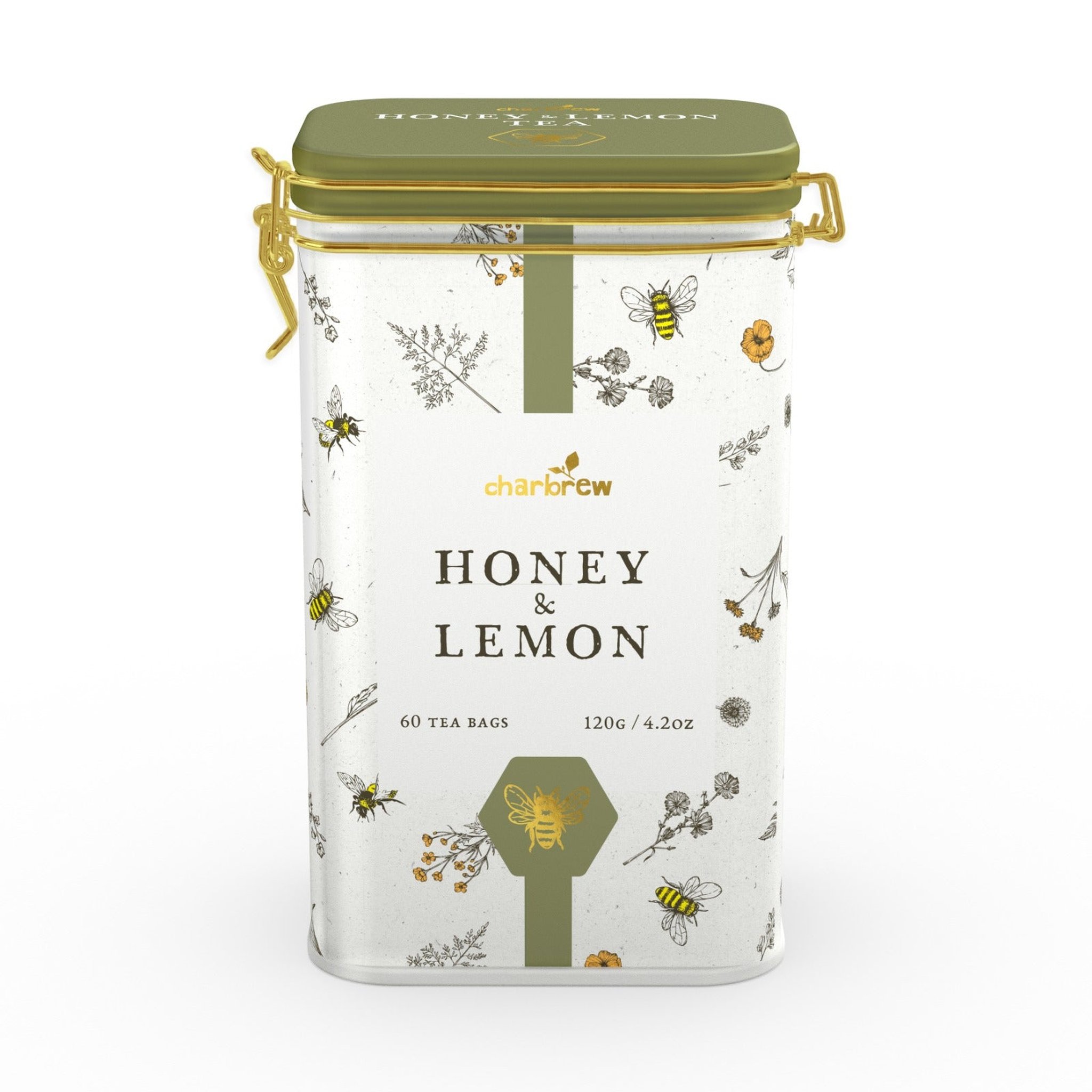 Latta di tè Honey & Lemon vista di fronte con chiusura a leva e motivi botanici