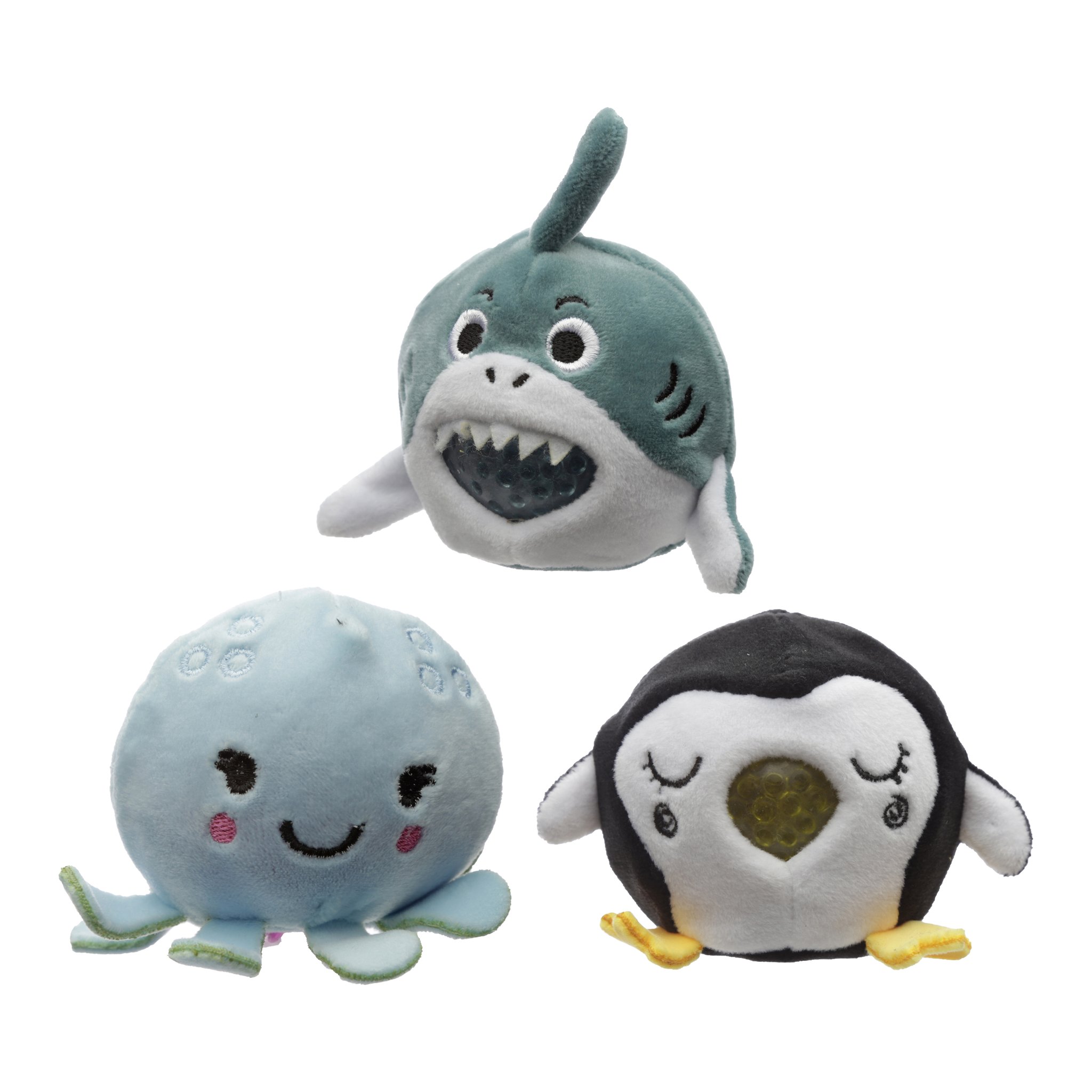 Requin, pieuvre et pingouin en peluche anti-stress cote a cote