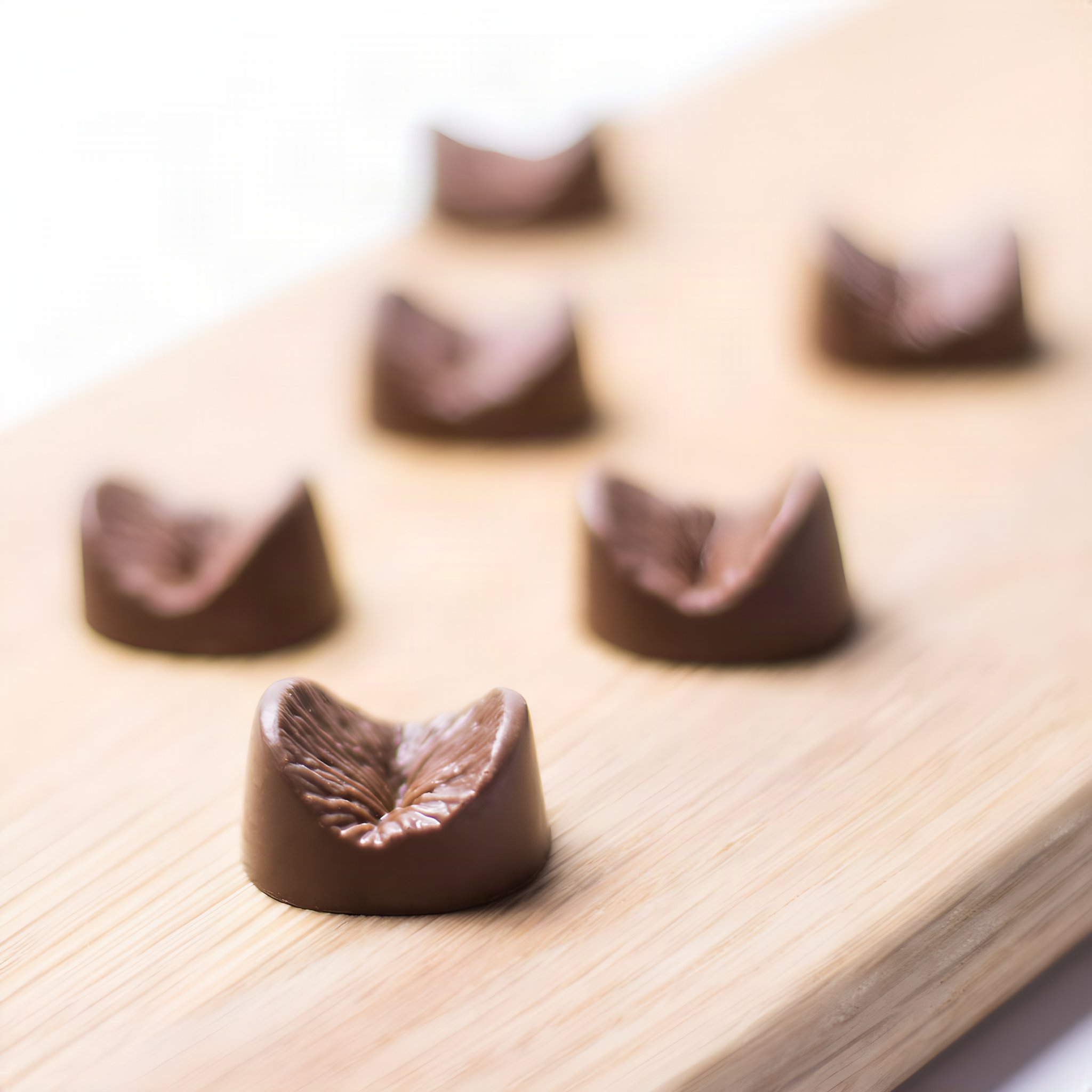Diversi cioccolatini a forma di ano sparsi su un tagliere di legno chiaro