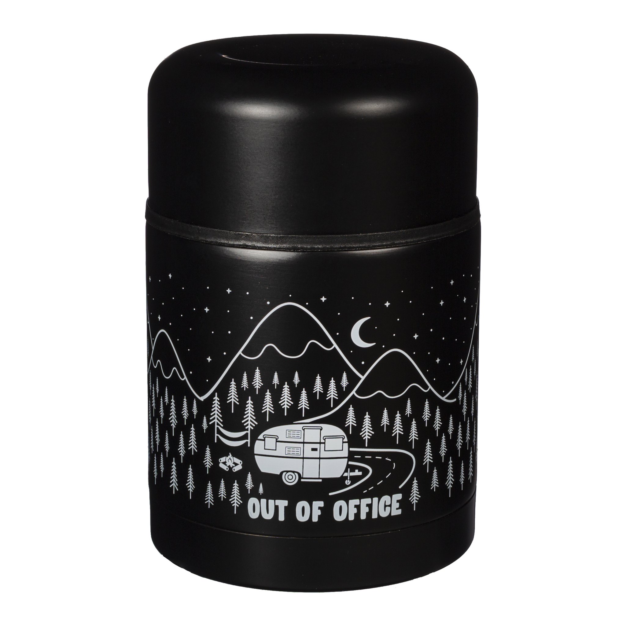 Out of Office Thermobehälter freigestellt, schwarz mit Camper-Motiv und Bergen