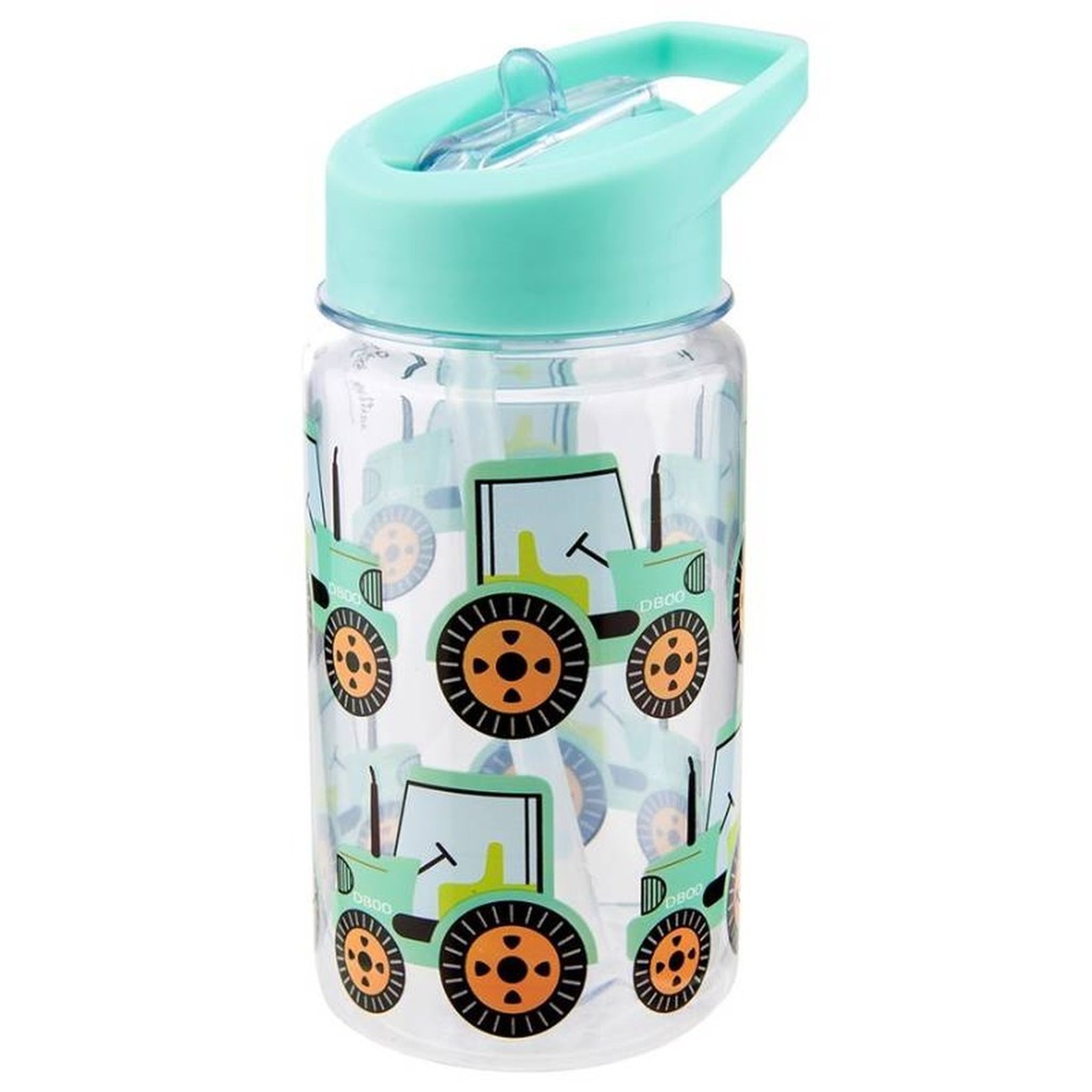Tractor kids water bottle by Sass & Belle cut-out, clear bottle with tractors and mint lid