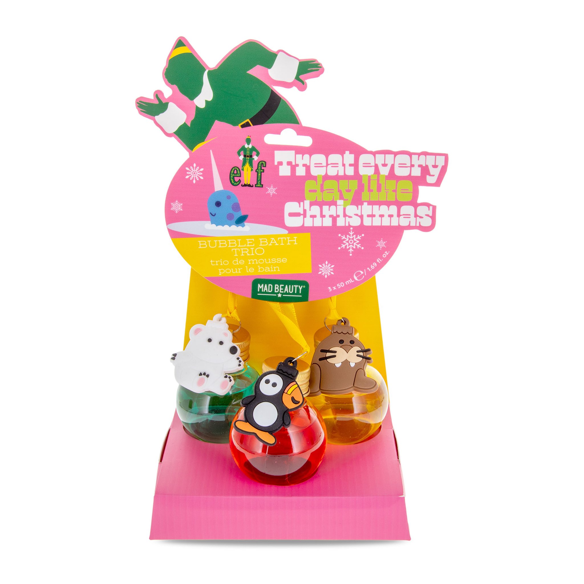 Elf Schaumbad-Trio in Christbaumkugeln auf pinker Karte, Vorderseite