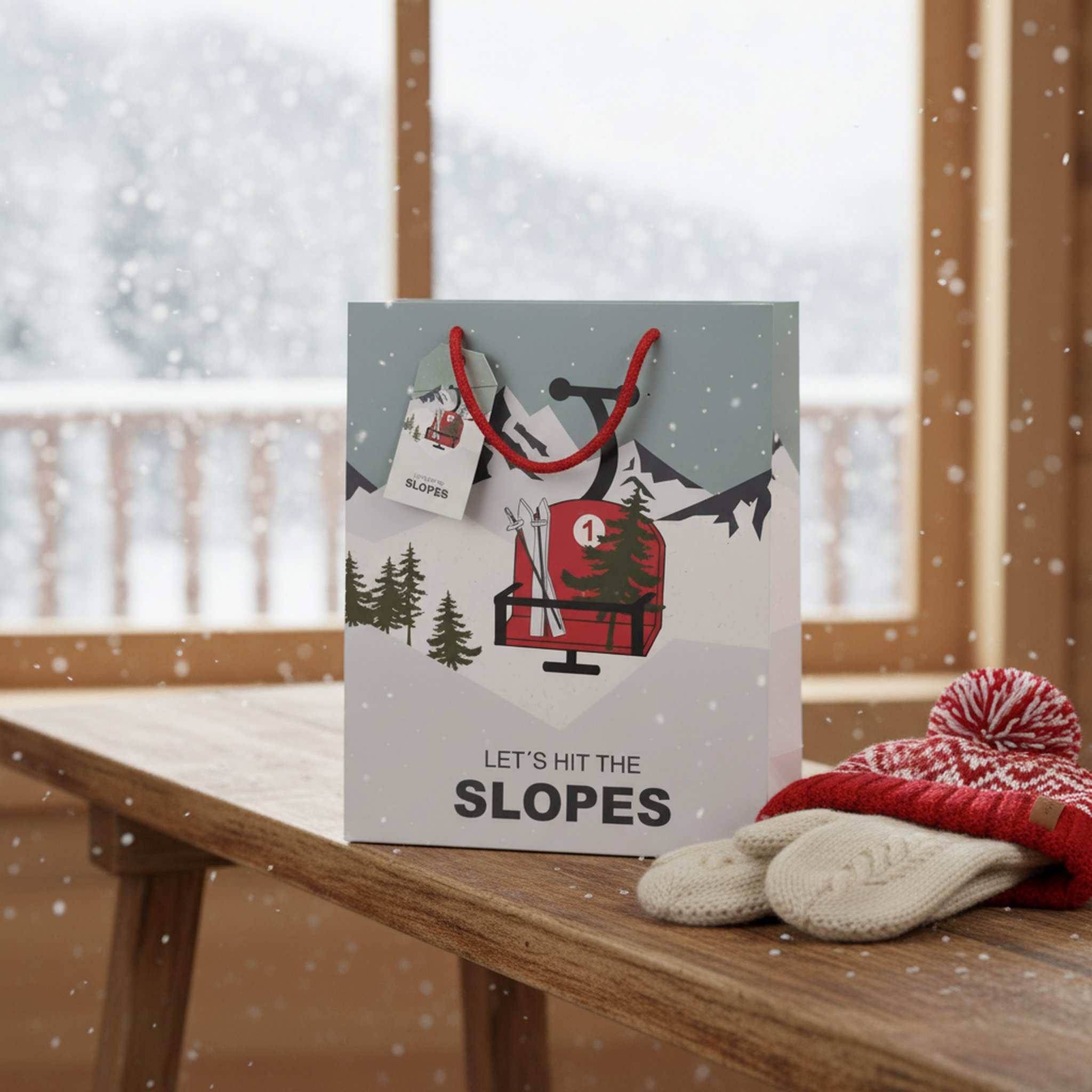 Sacchetto regalo con cabinovia su una panca di legno in uno chalet accanto a muffole e berretto