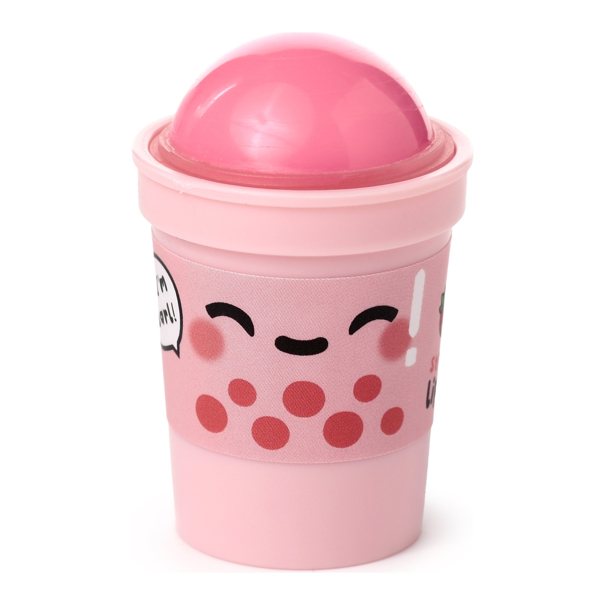 Rosa Becher geoeffnet mit sichtbarem Lippenbalsam
