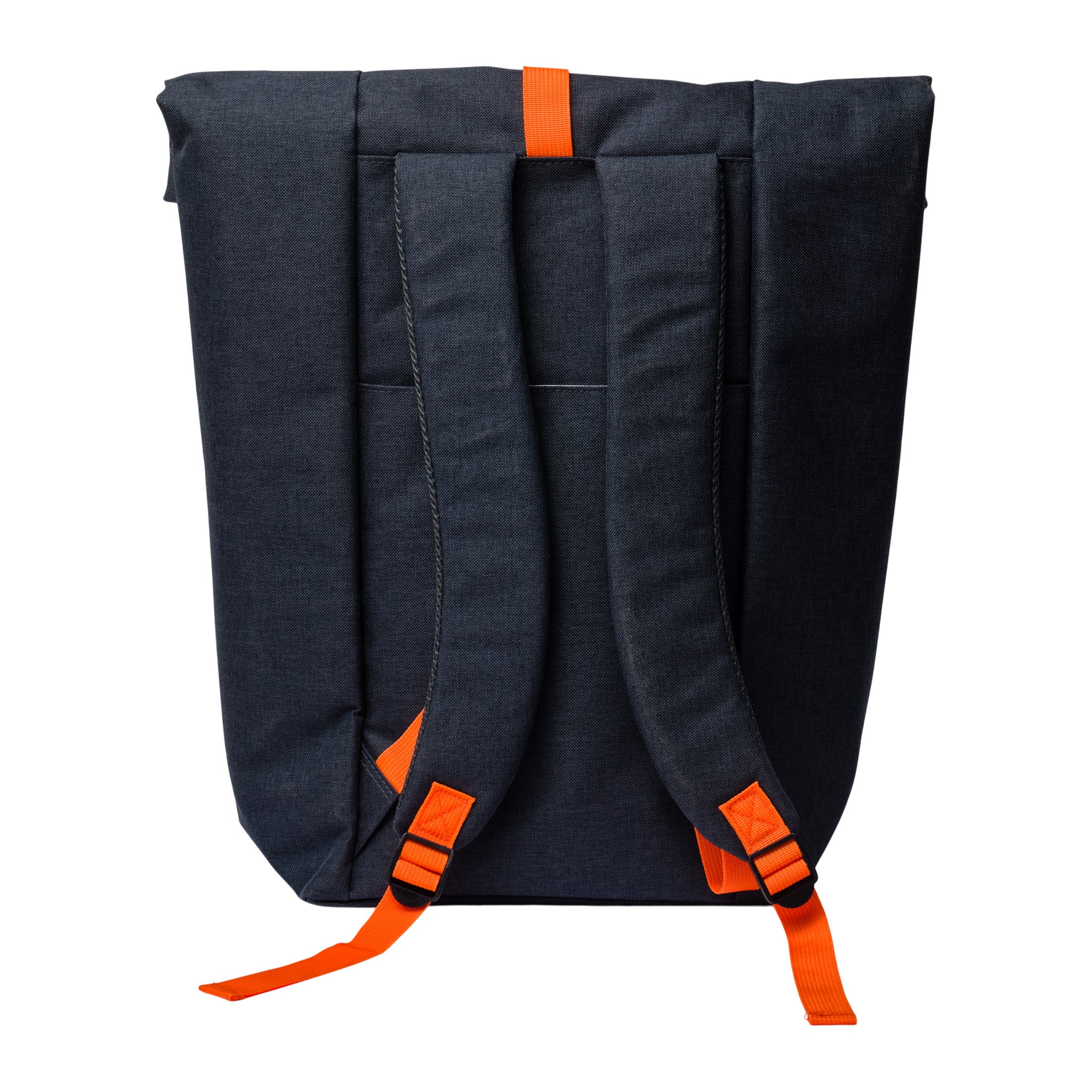 Rückseite des Kühlrucksacks mit zwei gepolsterten Tragegurten und orangen Verstellschnallen