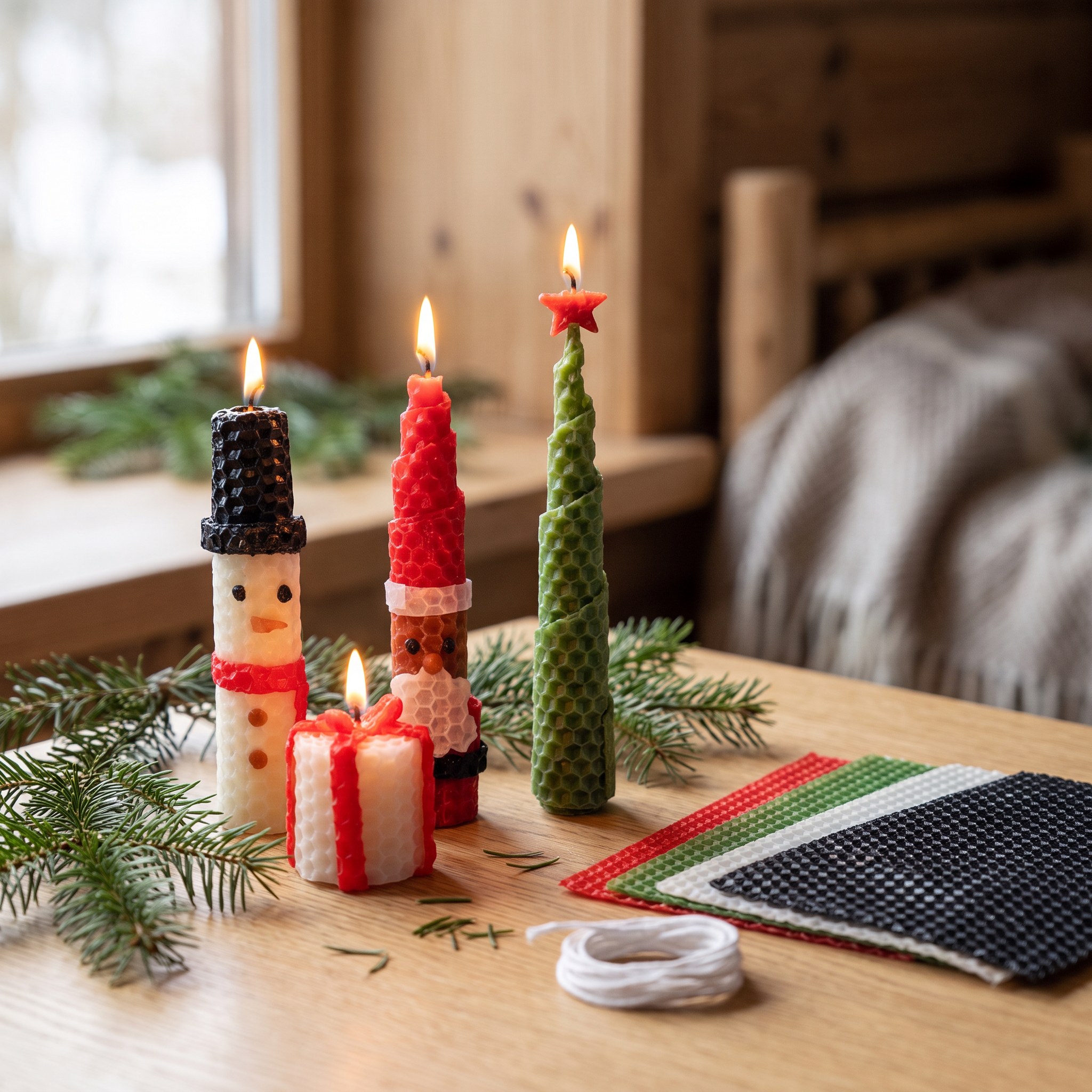 Brennende Weihnachtskerzen aus Wachsplatten am Fenster, daneben Docht und farbige Wachsplatten