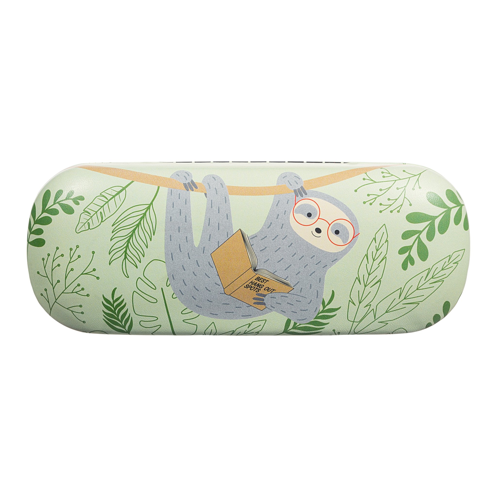 Faultier Brillenetui freigestellt, grünes Hartschalen-Etui mit lesendem Faultier