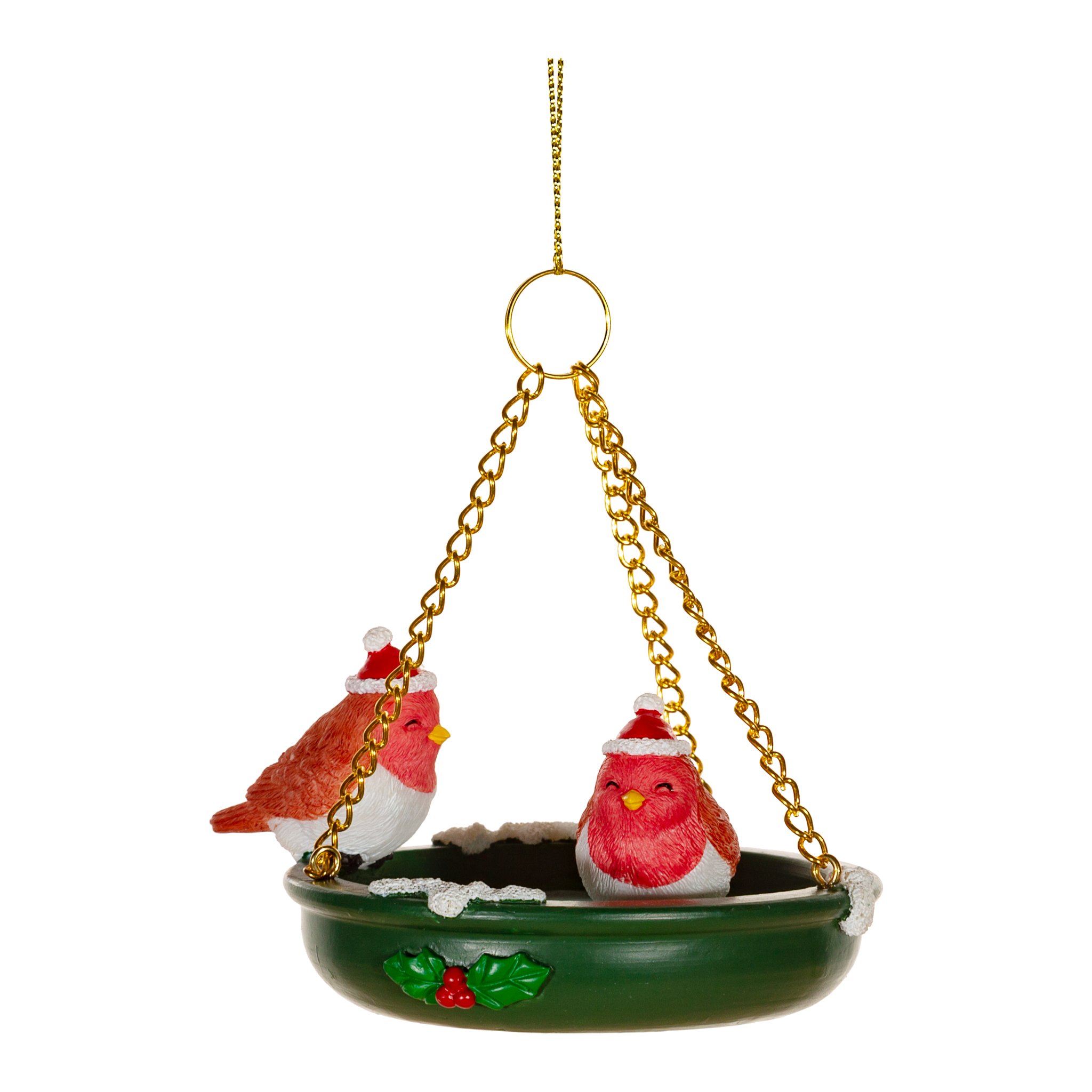 Décoration de Noël bain d'oiseaux Sass & Belle, deux rouges-gorges avec bonnets sur un bain vert, détourée