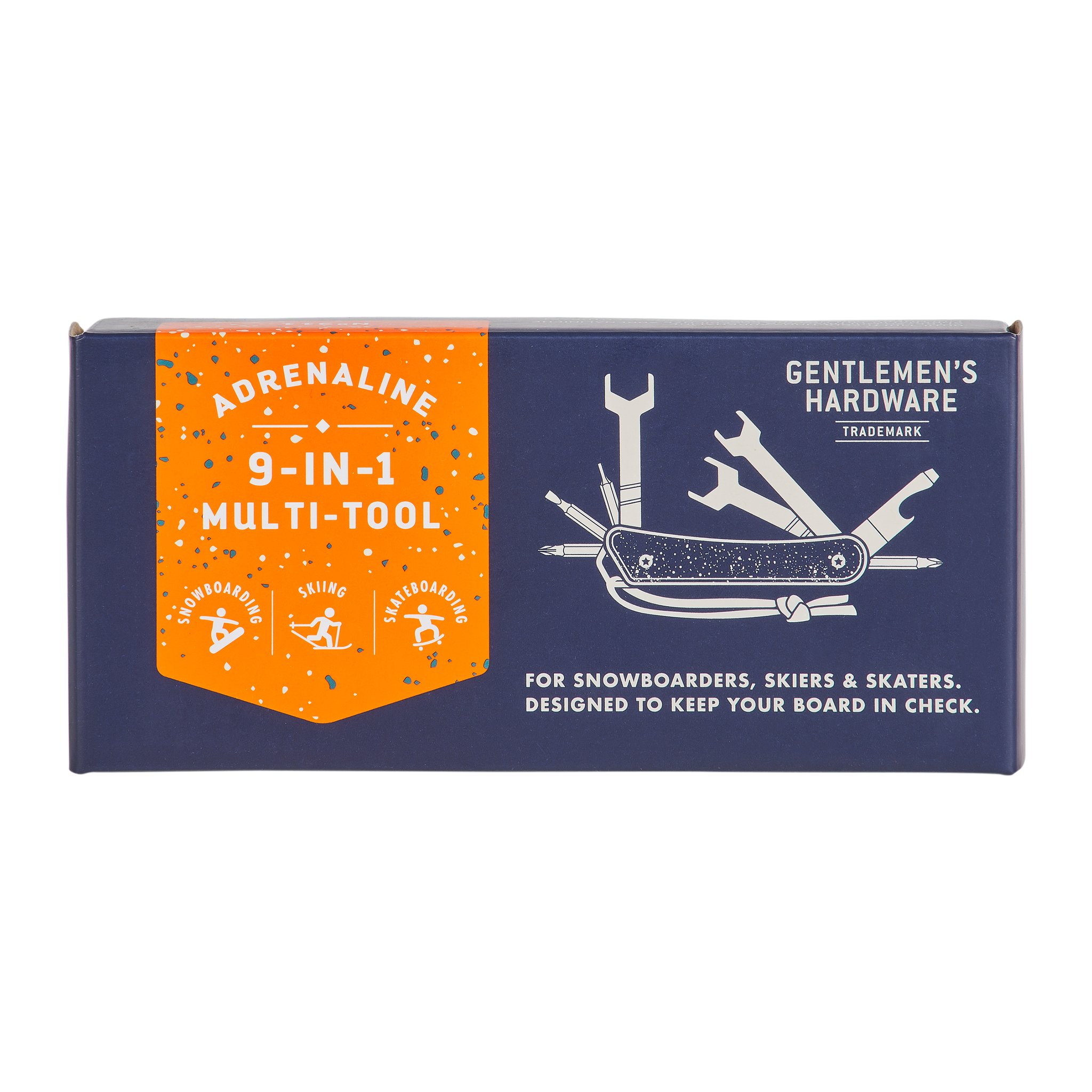 Face avant de la boîte du Multi-Outil Adrénaline avec étiquette orange et dessin de l'outil déplié