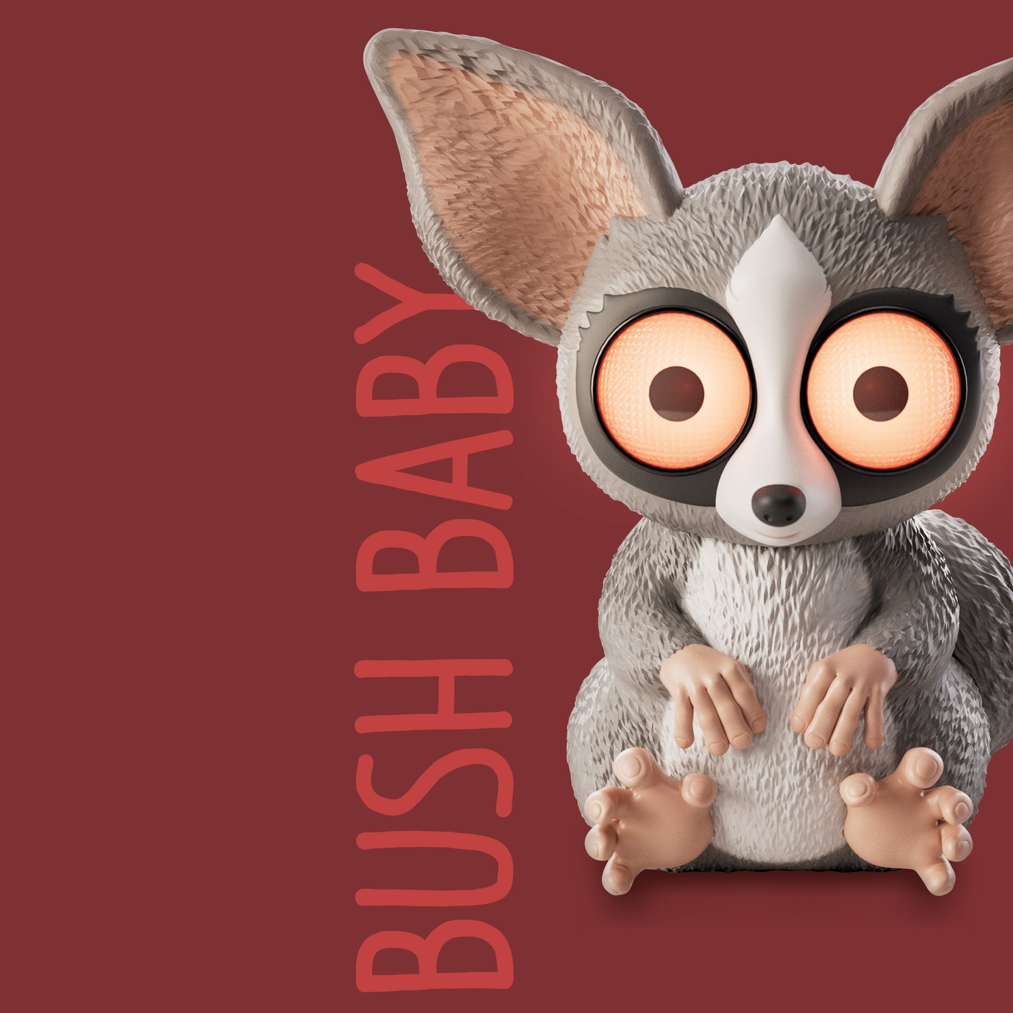 Lisciani Bush Baby night light with big glowing eyes against a red background