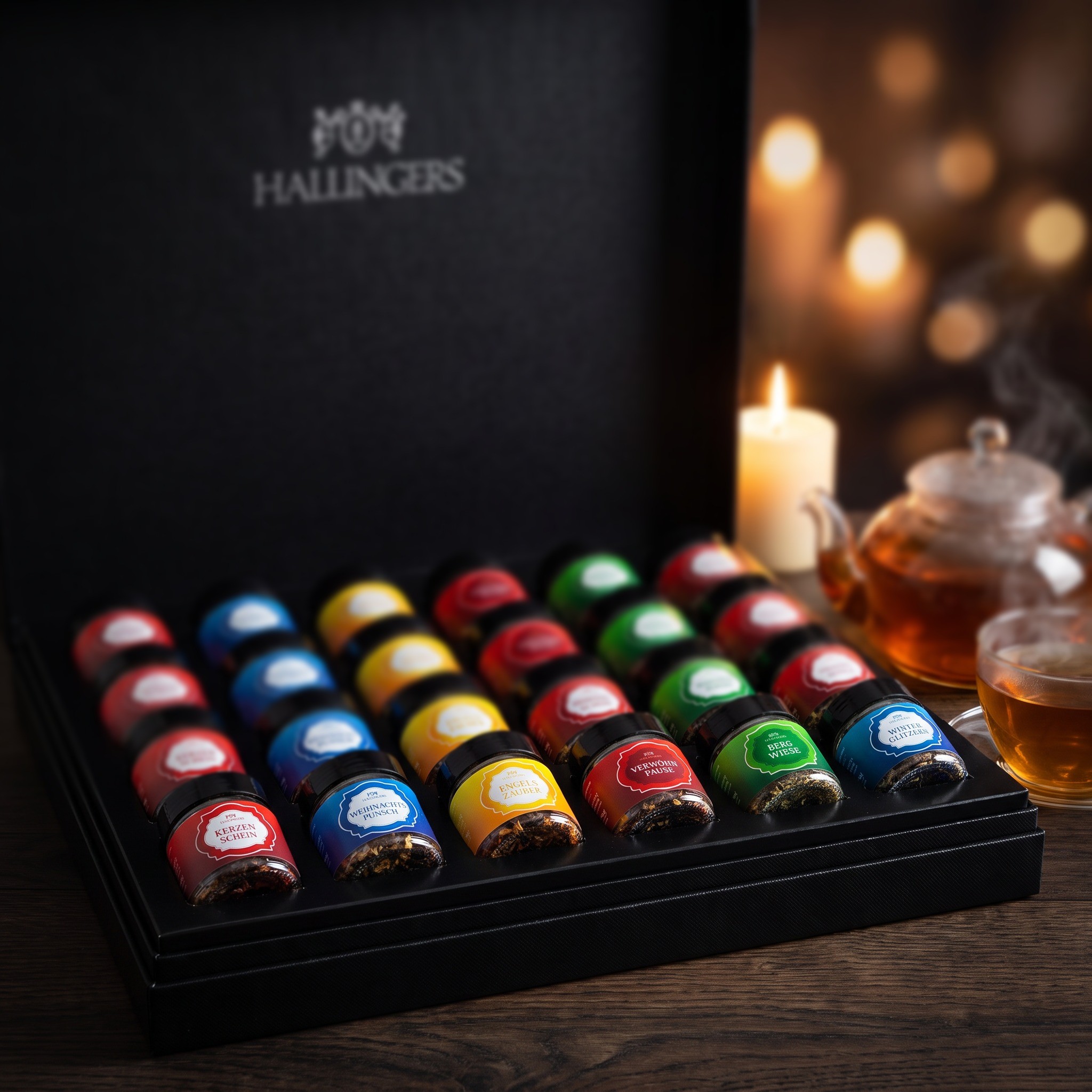 Offener Tee-Adventskalender Christmas Car mit 24 Teegläsern neben einer Glaskanne mit Tee und einer Tasse