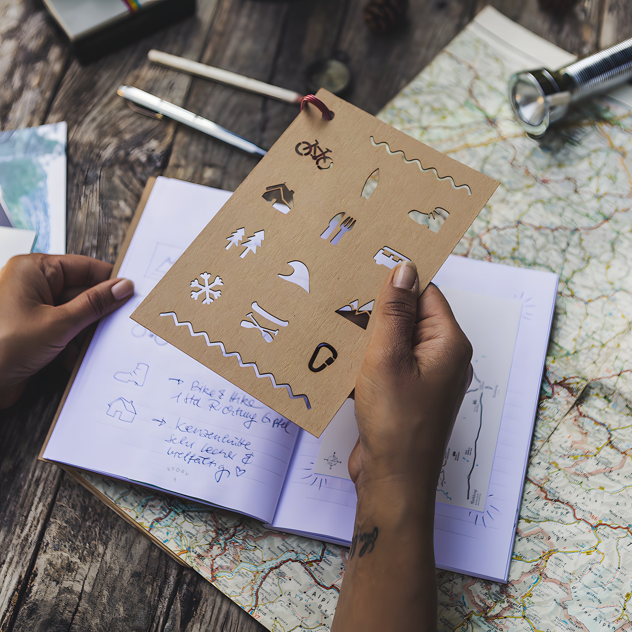 Reisetagebuch aufgeschlagen mit Sticker-Set vor weissem Hintergrund
