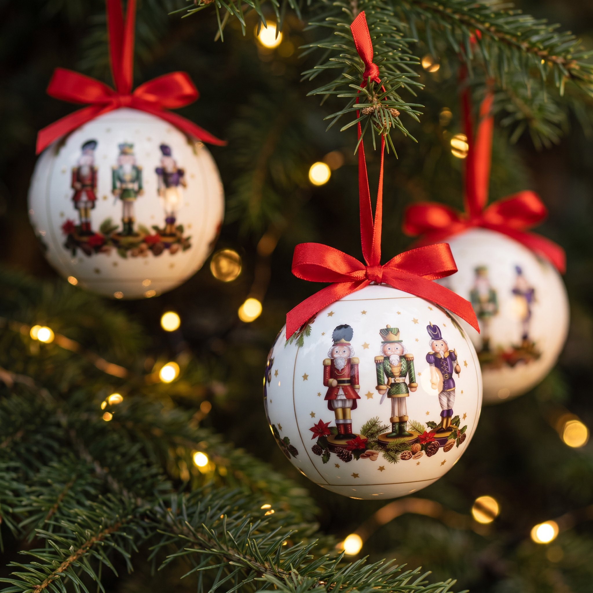 Nutcracker Christmas baubles with red satin bows hanging among fir branches and fairy lights