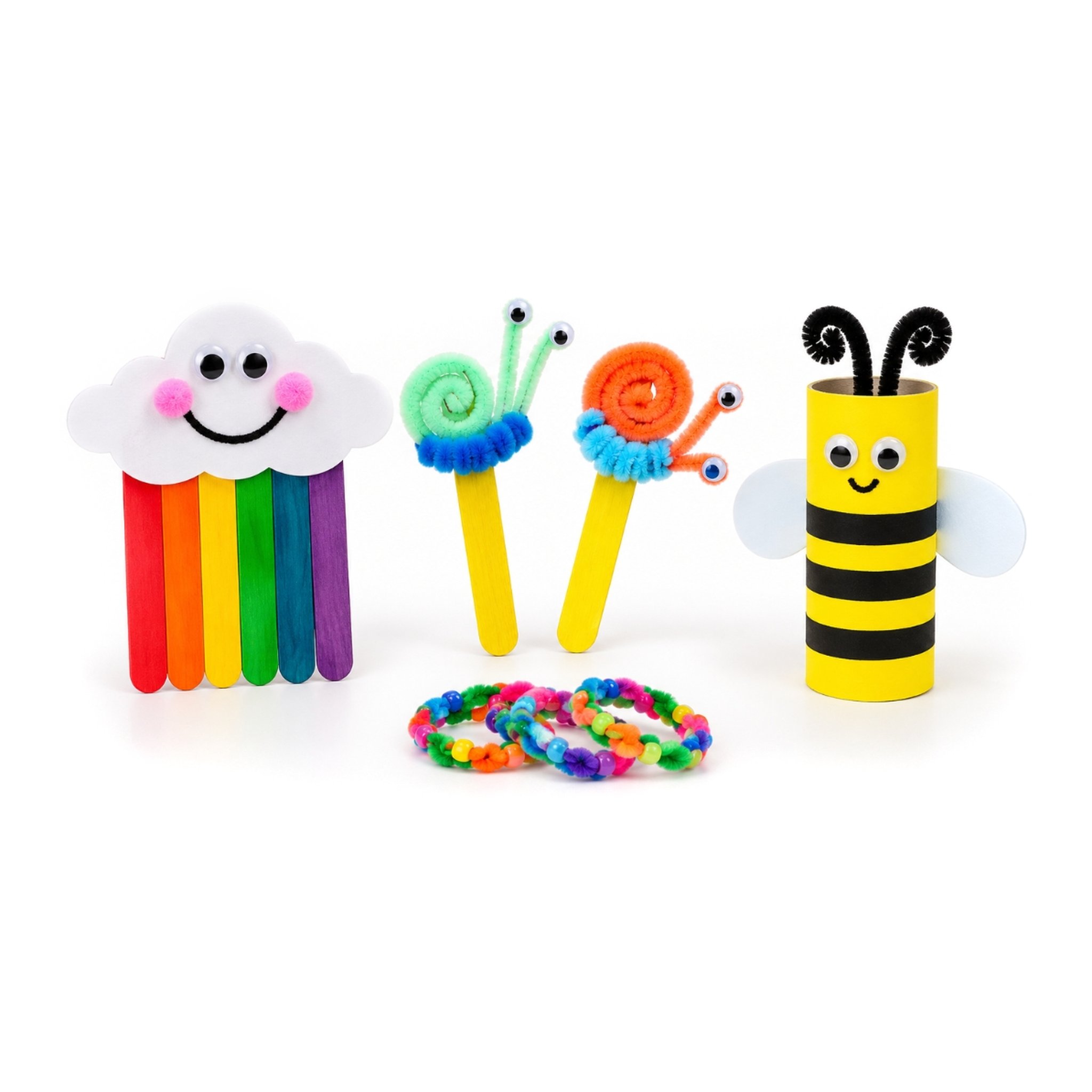 Made with the giant craft box: rainbow cloud, two snails, a bee and beaded bracelets