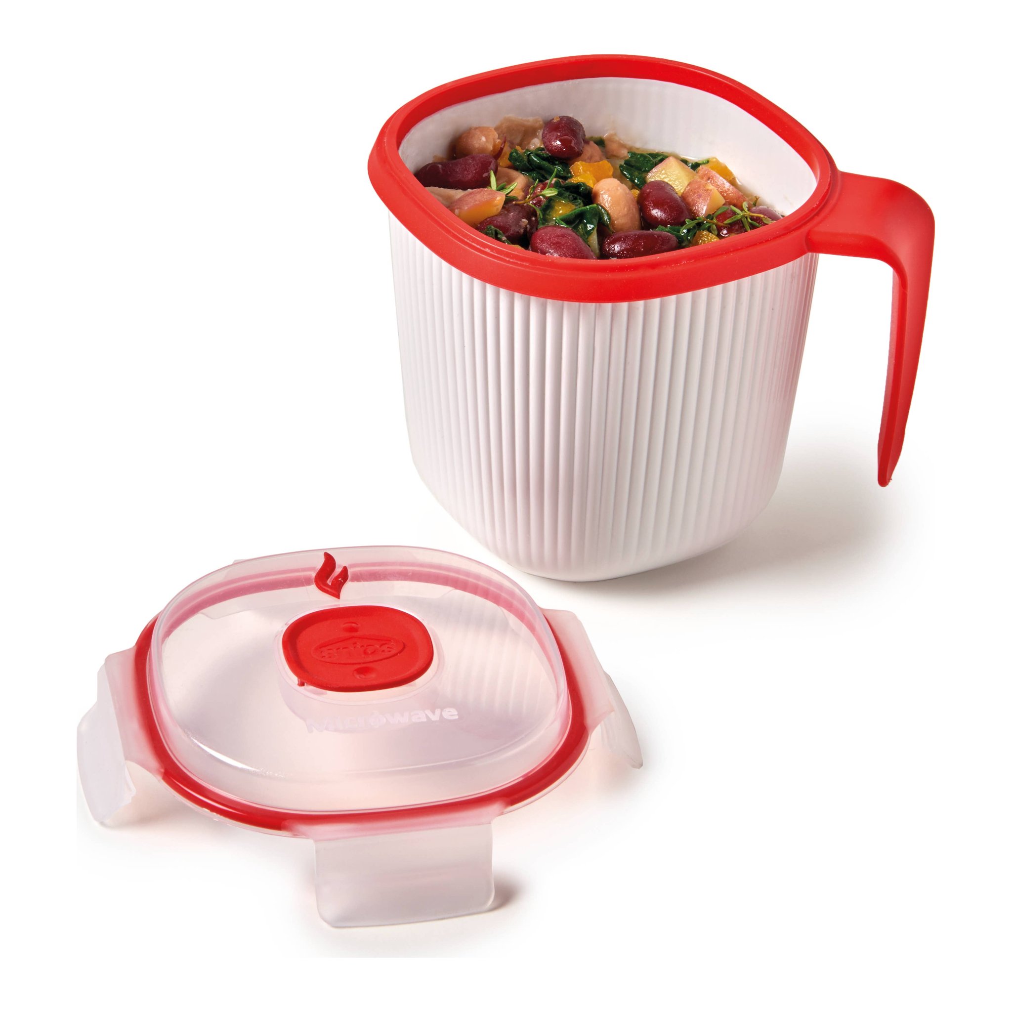 Mikrowellen-Tasse gefüllt mit Suppe, Deckel daneben