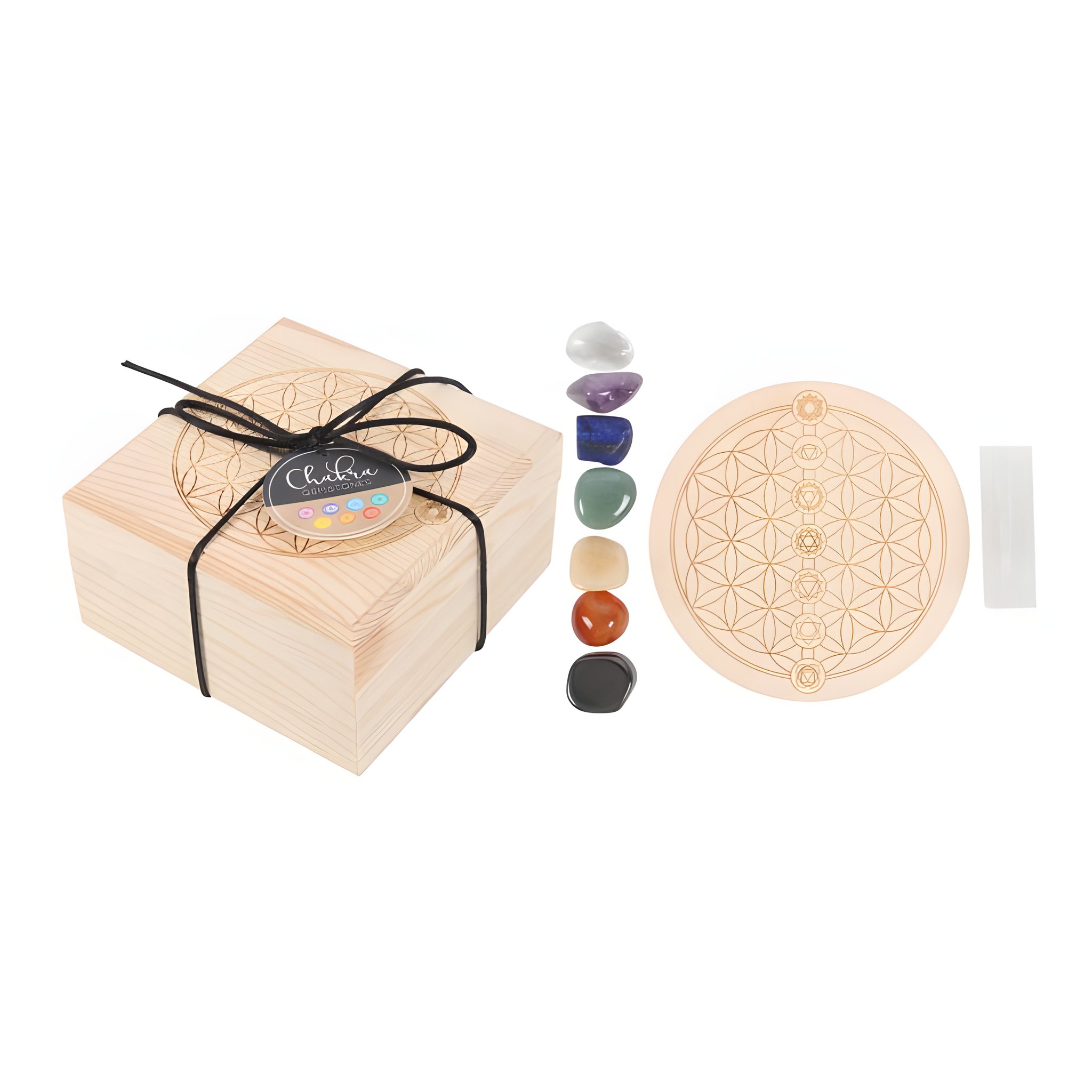 Chakra Kristall-Gitter Set Übersicht — Holzbox, 7 Edelsteine, Selenit-Stab und Blume-des-Lebens-Gitter