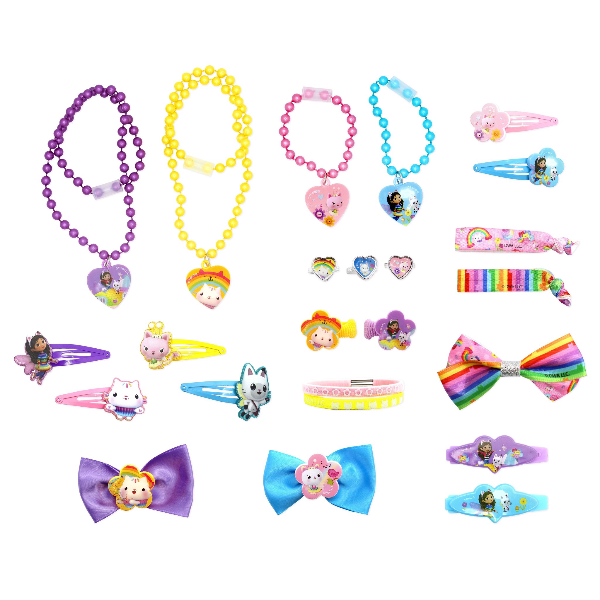 Inhalt des Gabby's Dollhouse Adventskalenders: Perlenketten, Armbänder, Haarspangen, Schleifen und Ringe