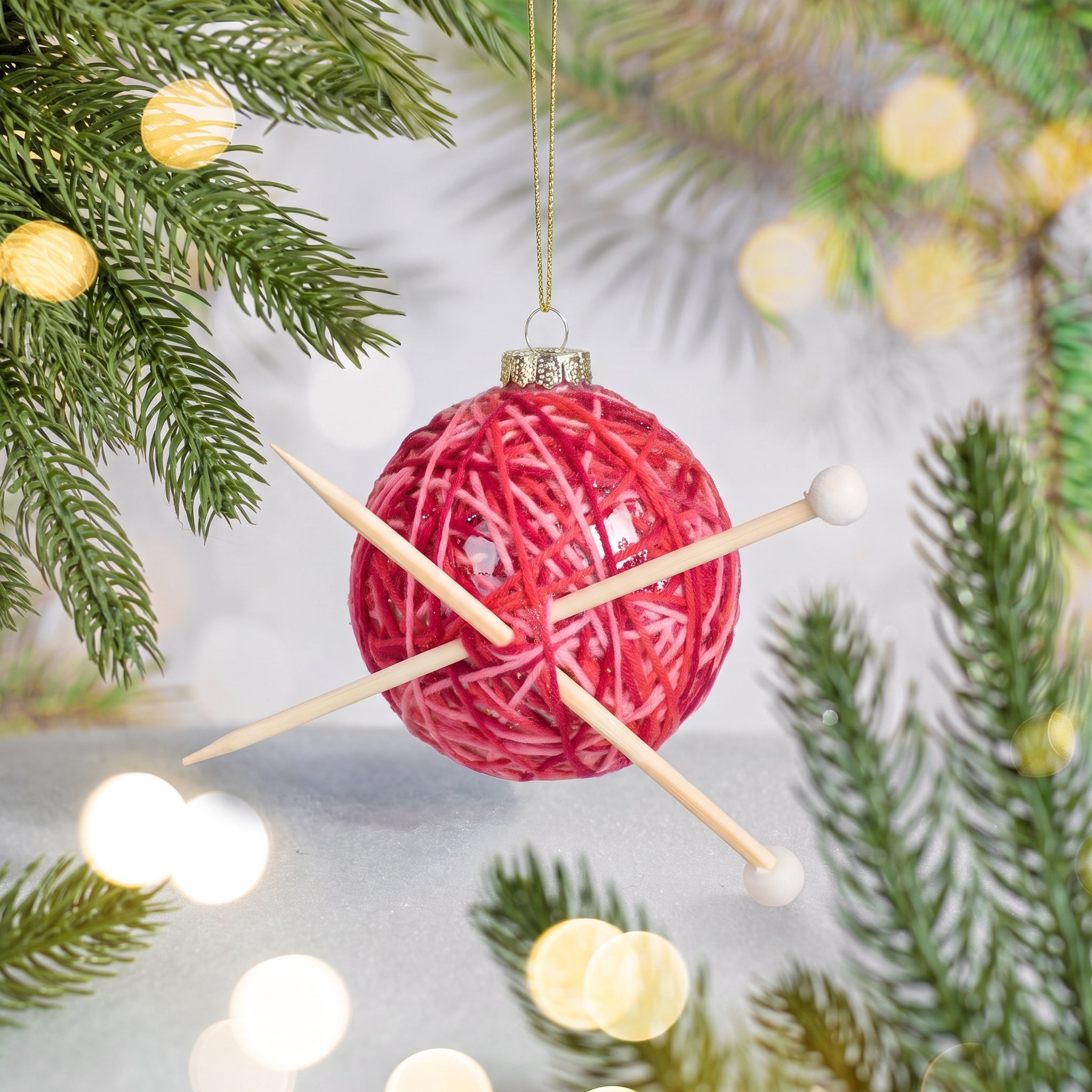 Wollknäuel Weihnachtskugel von Sass & Belle am Tannenzweig mit Lichterglanz