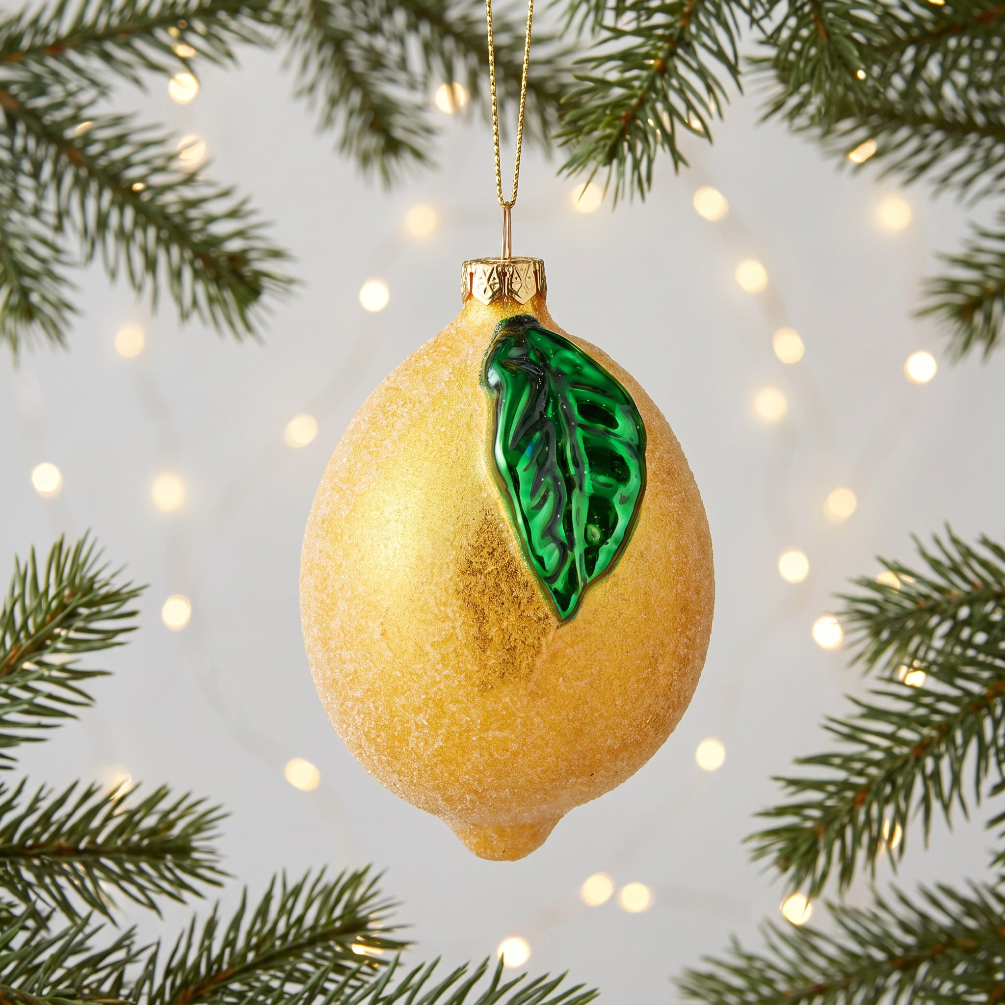 Decorazione natalizia Limone di Sass & Belle su un ramo di abete con luci calde