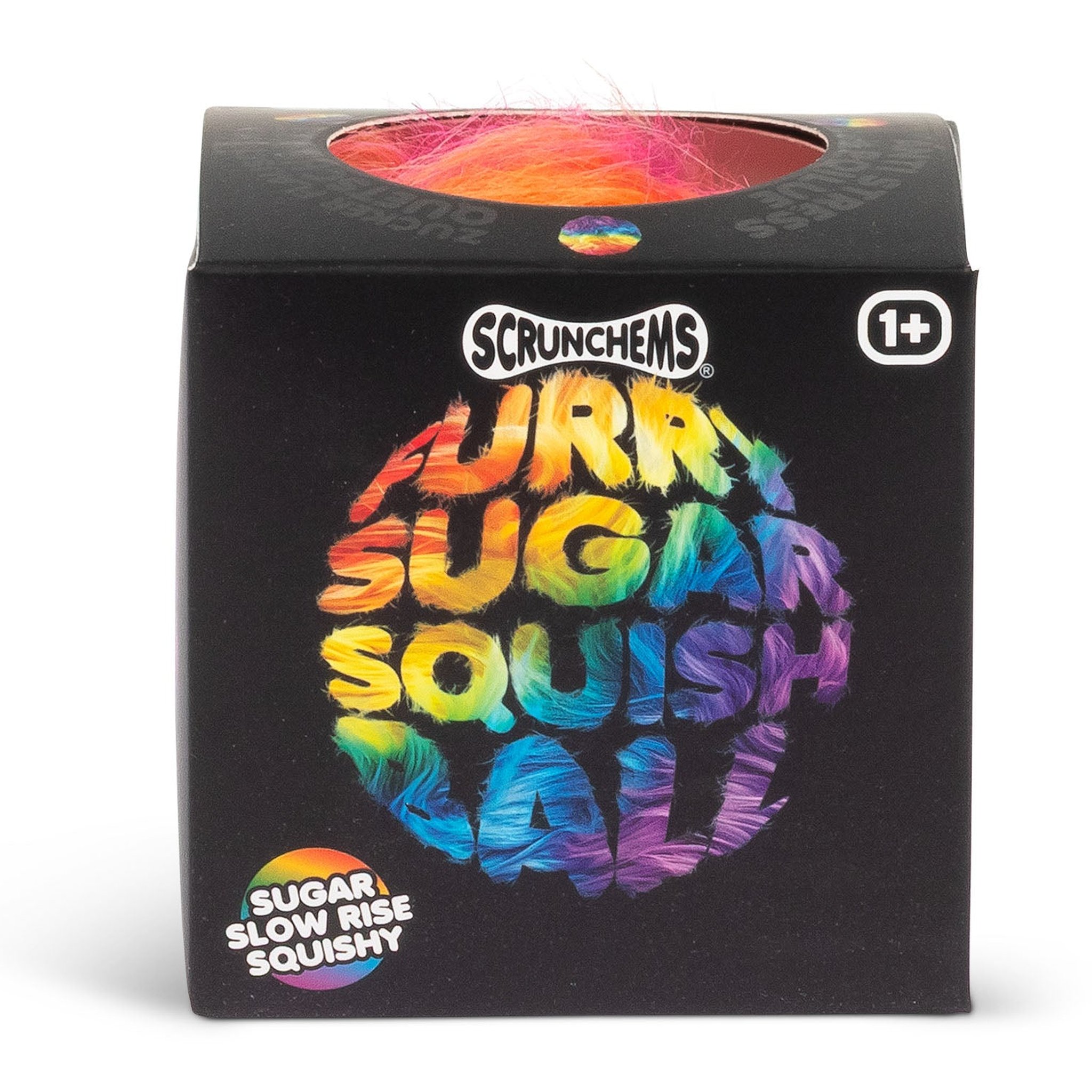 Schwarze Verpackung des Furry Sugar Squish Ball mit Sichtfenster und Regenbogen-Logo