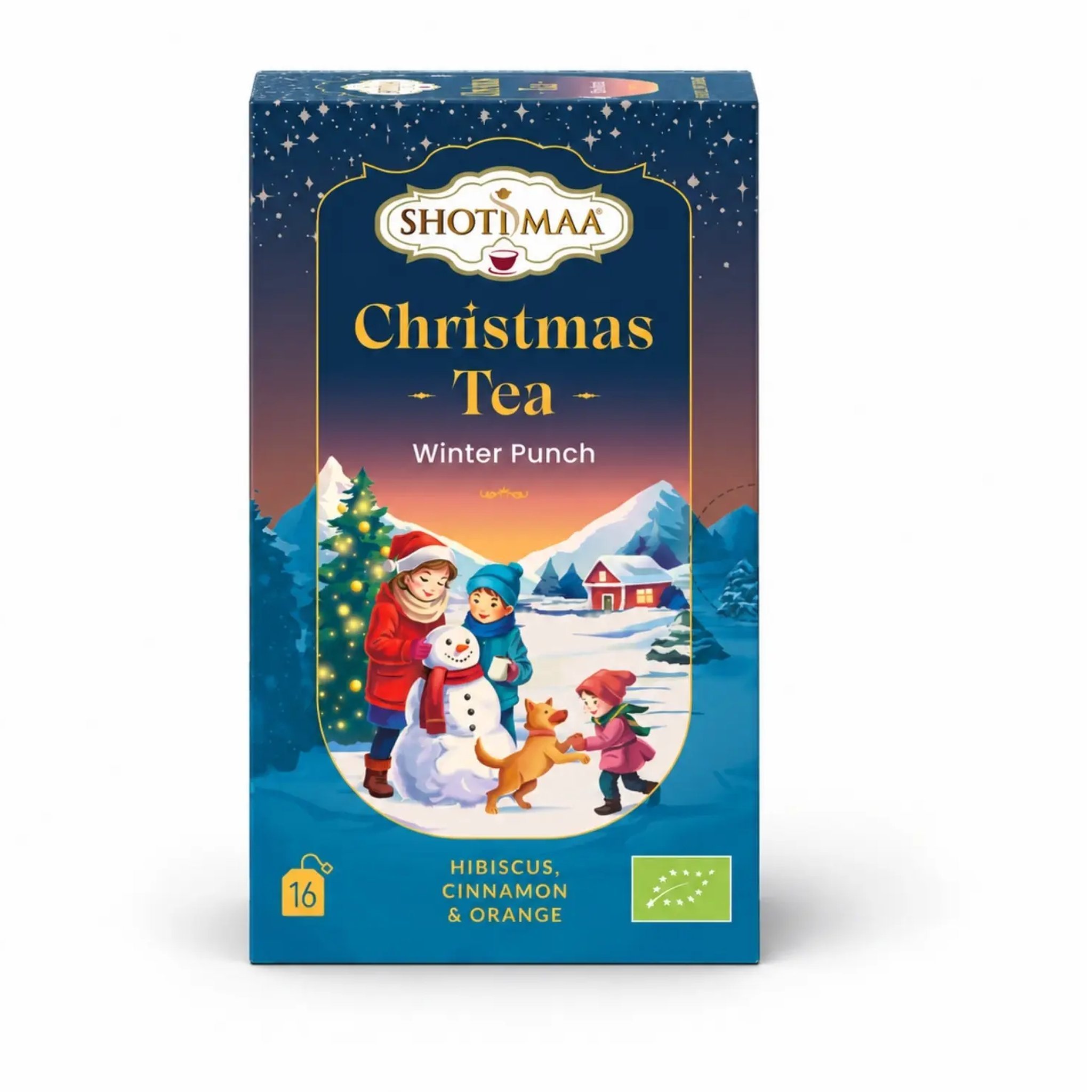 Dark blue box of organic Christmas tea with children and snowman, 16 tea bags