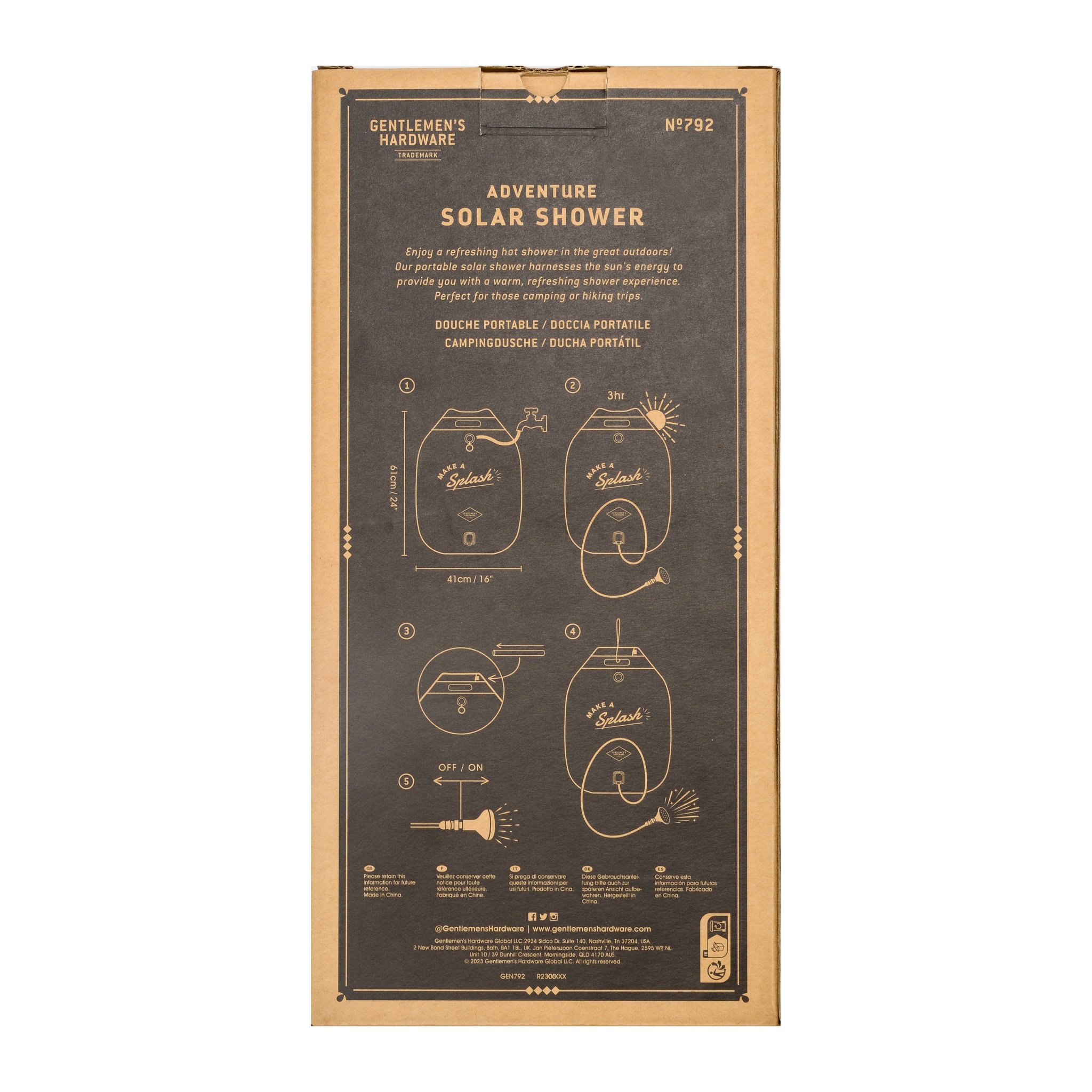 Back of the portable solar shower packaging with a five-step illustrated guide on a dark panel