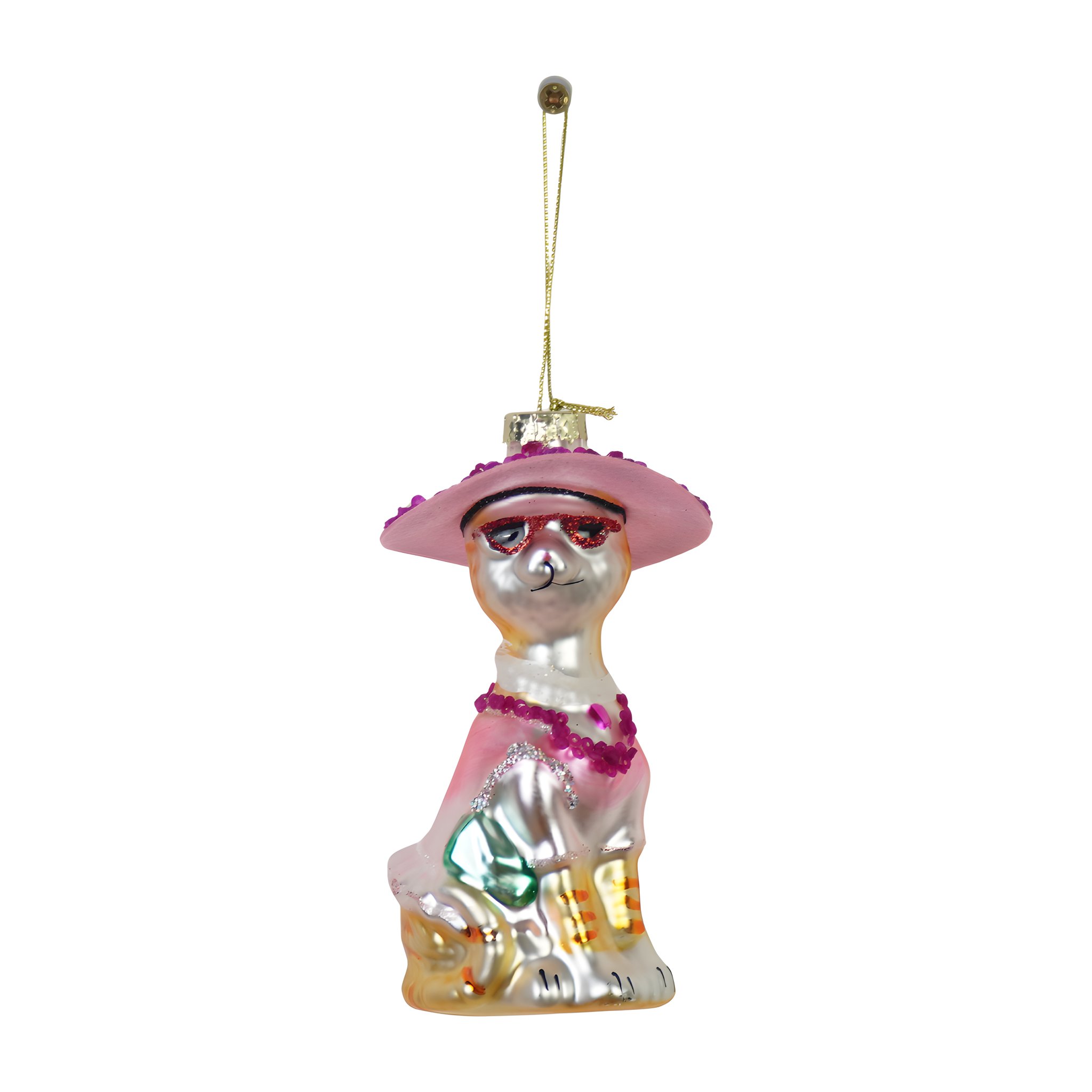 Diva-Katze Weihnachtsanhänger aus Glas mit rosa Hut, Sonnenbrille und Kette, freigestellt
