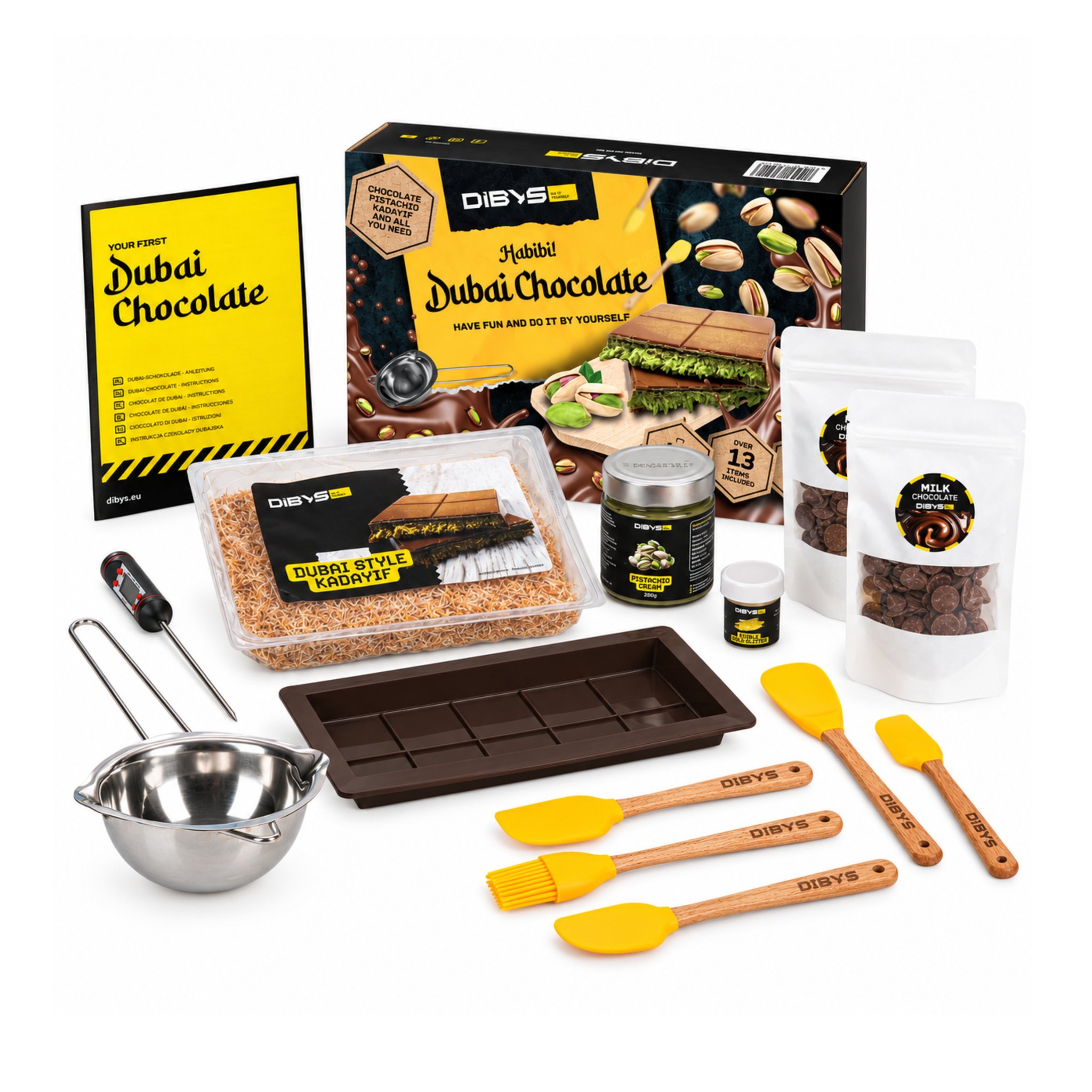 Dubai chocolate kit with box, kadayif, pistachio cream, chocolate, silicone mould and tools