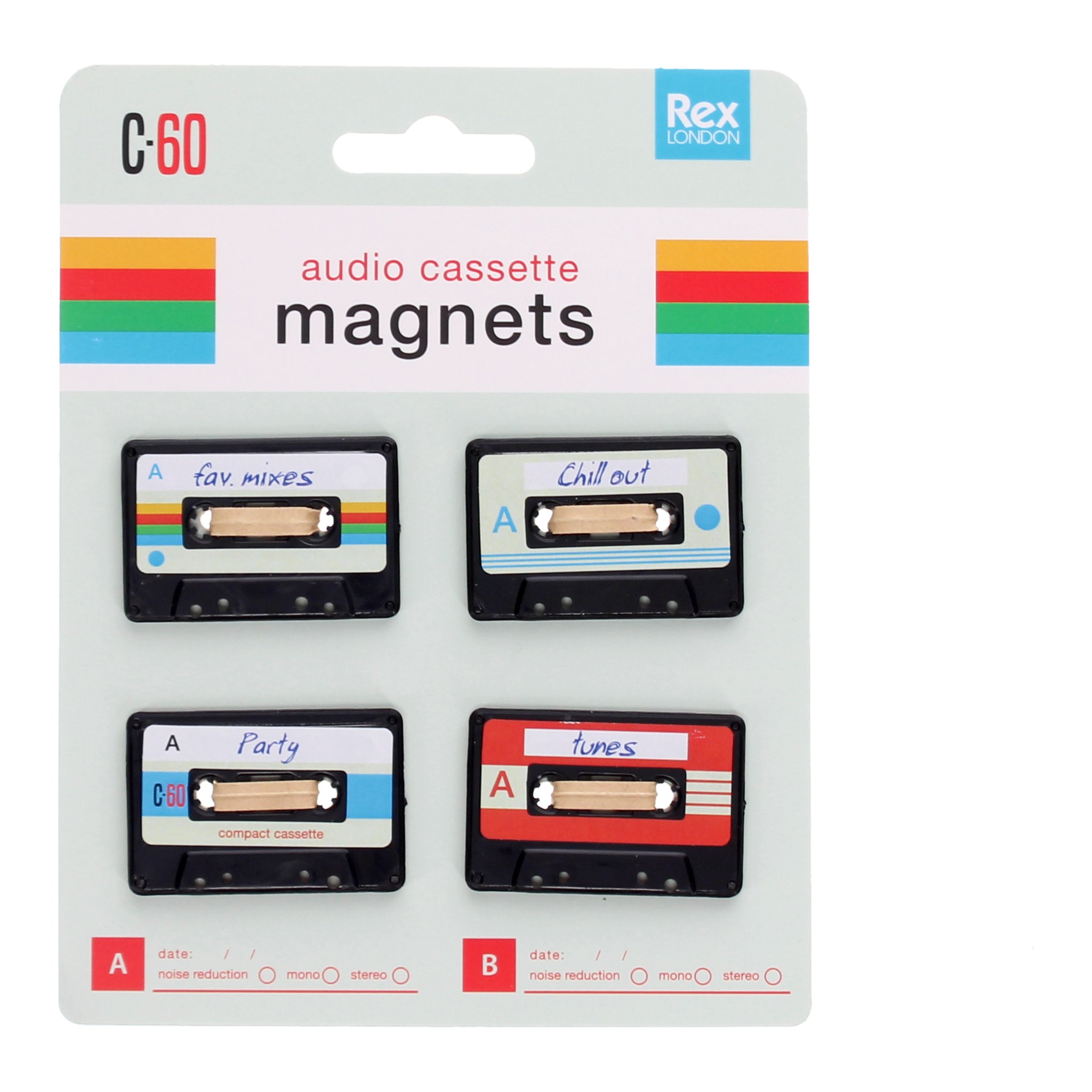 Mini aimants cassette : quatre aimants cassettes audio sur la carte Rex London « C-60 »