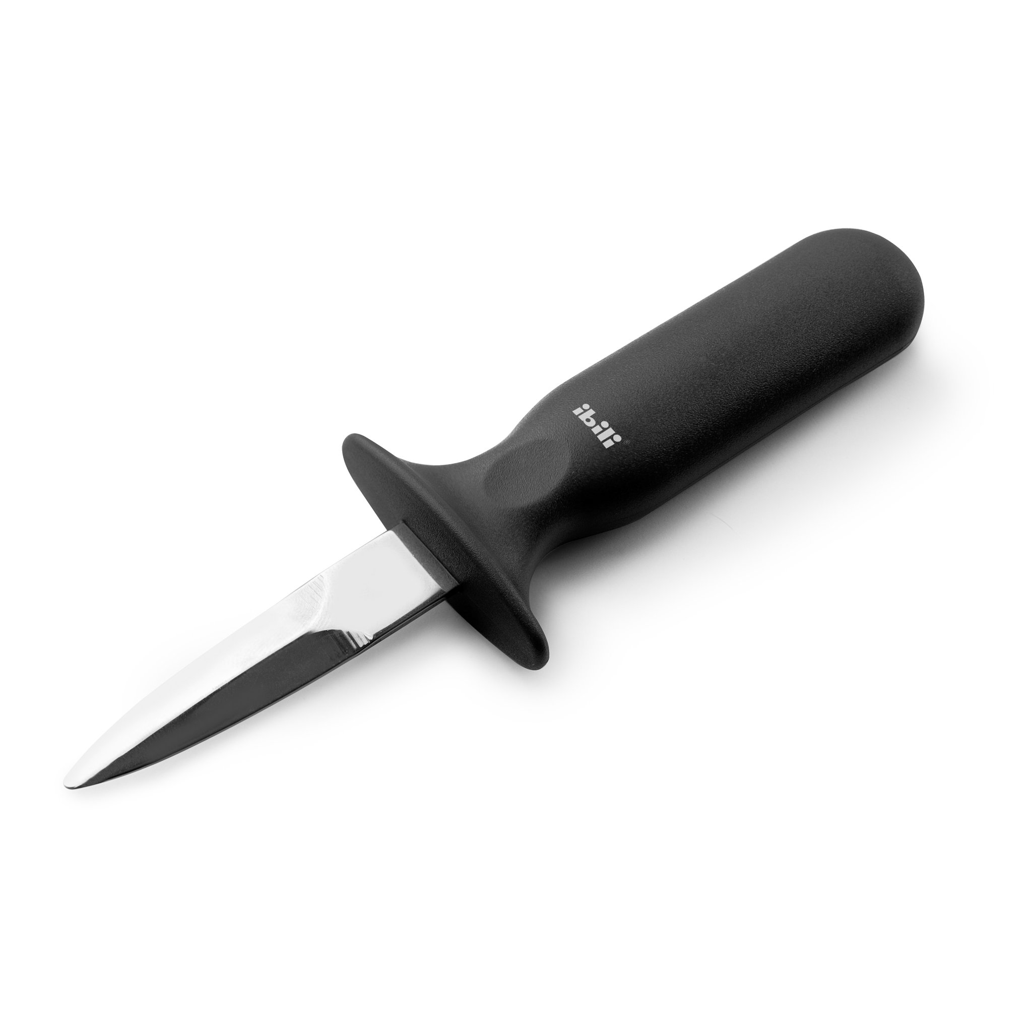Oyster knife with short blade, black handle and hand guard