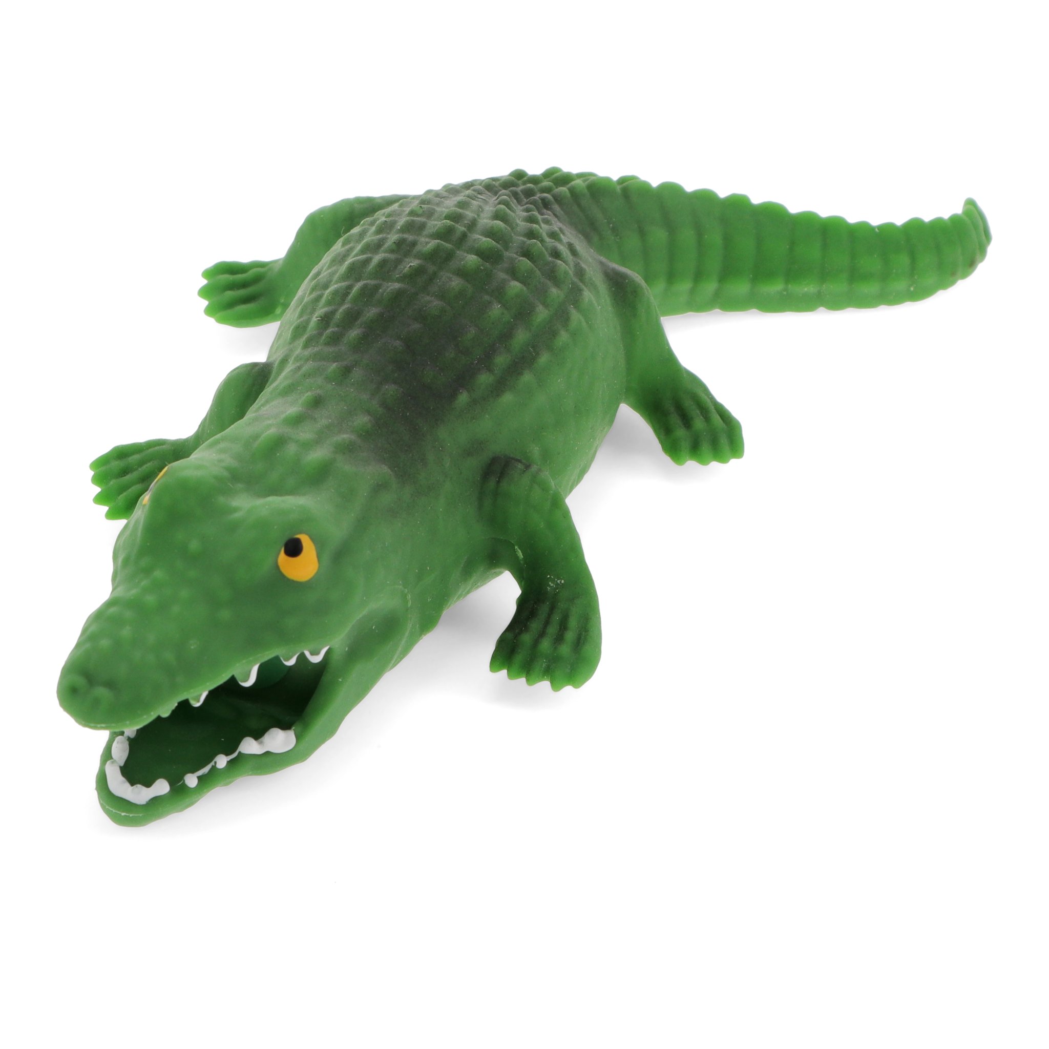 Das grüne Squishy Krokodil mit offenem Maul, freigestellt