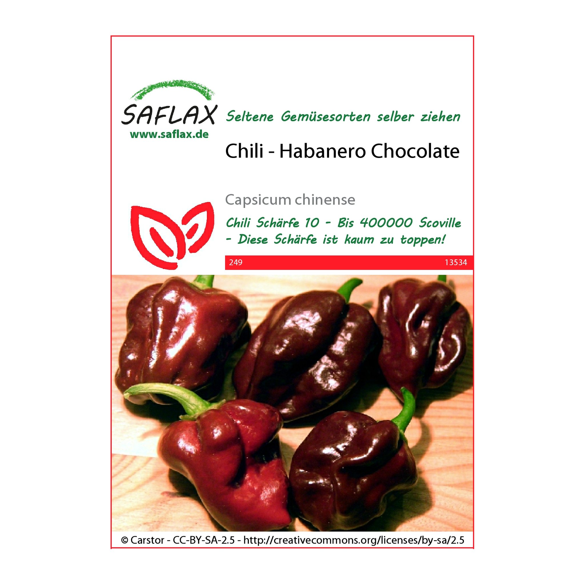 Samentüte Chili Habanero Chocolate von Saflax, Vorderseite