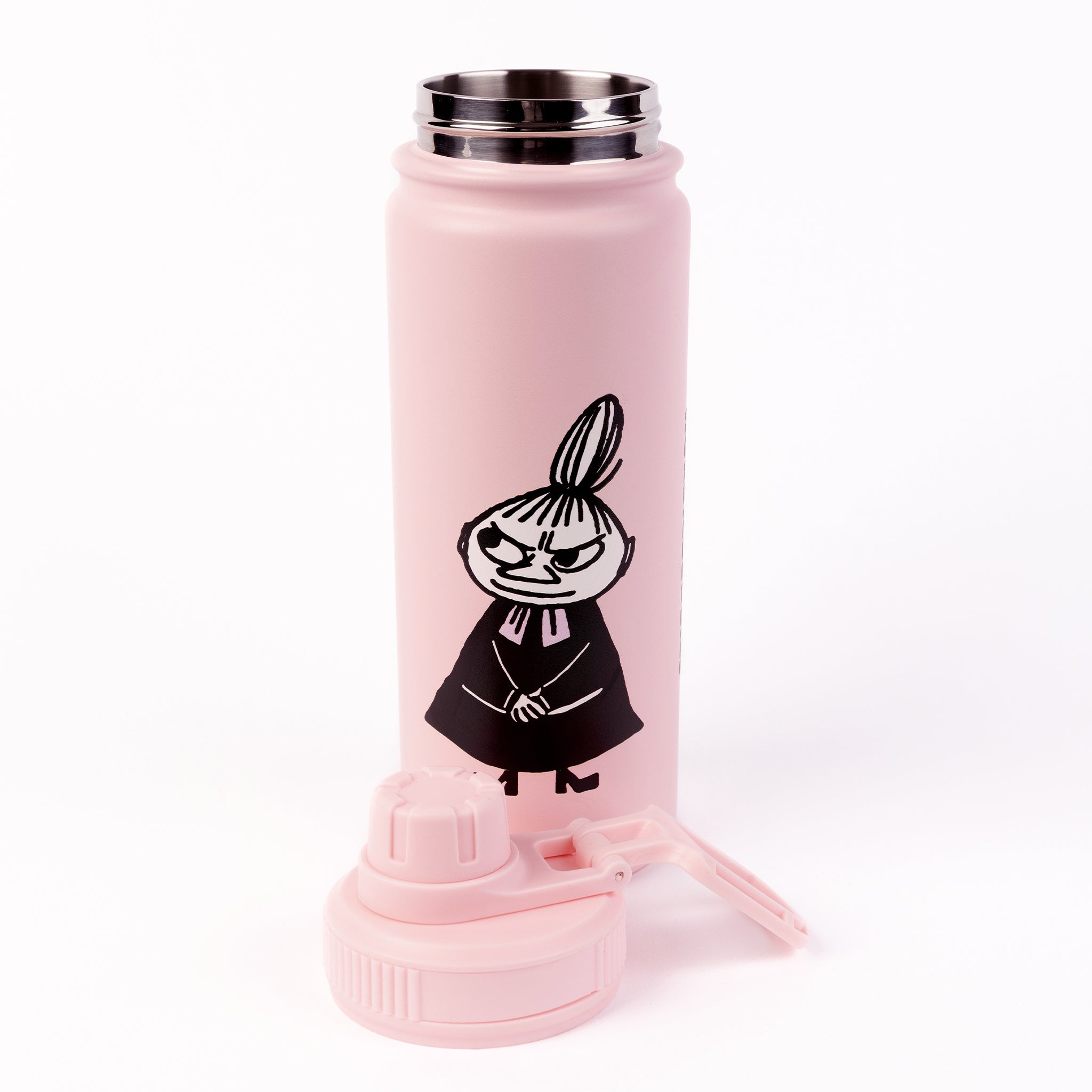 Opened pink Little My stainless steel thermal bottle with the lid unscrewed