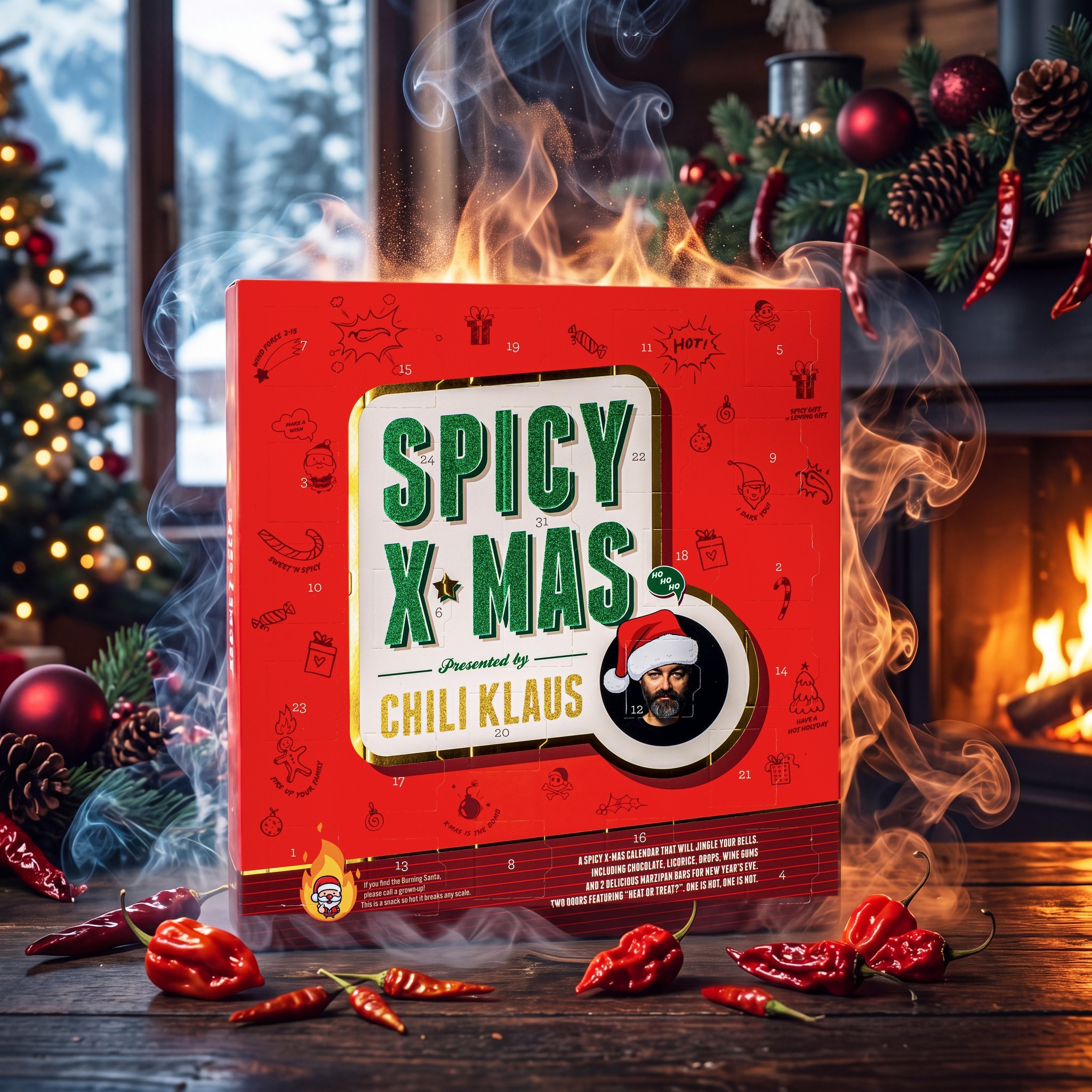 Calendario dell'Avvento piccante Spicy X-Mas 2026 di Chili Klaus davanti al camino con fumo e peperoncini