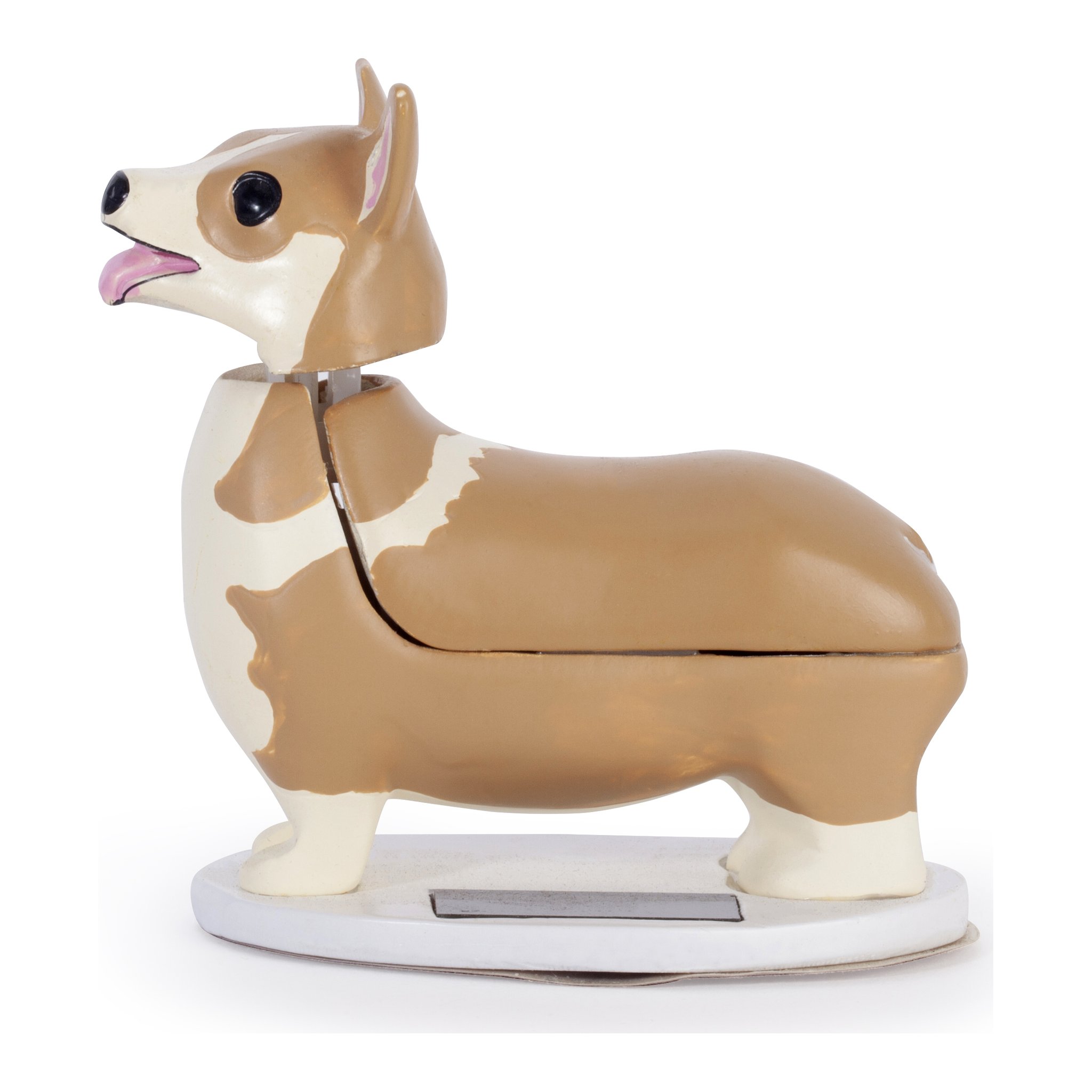 Solar corgi Elroy from the side with solar base