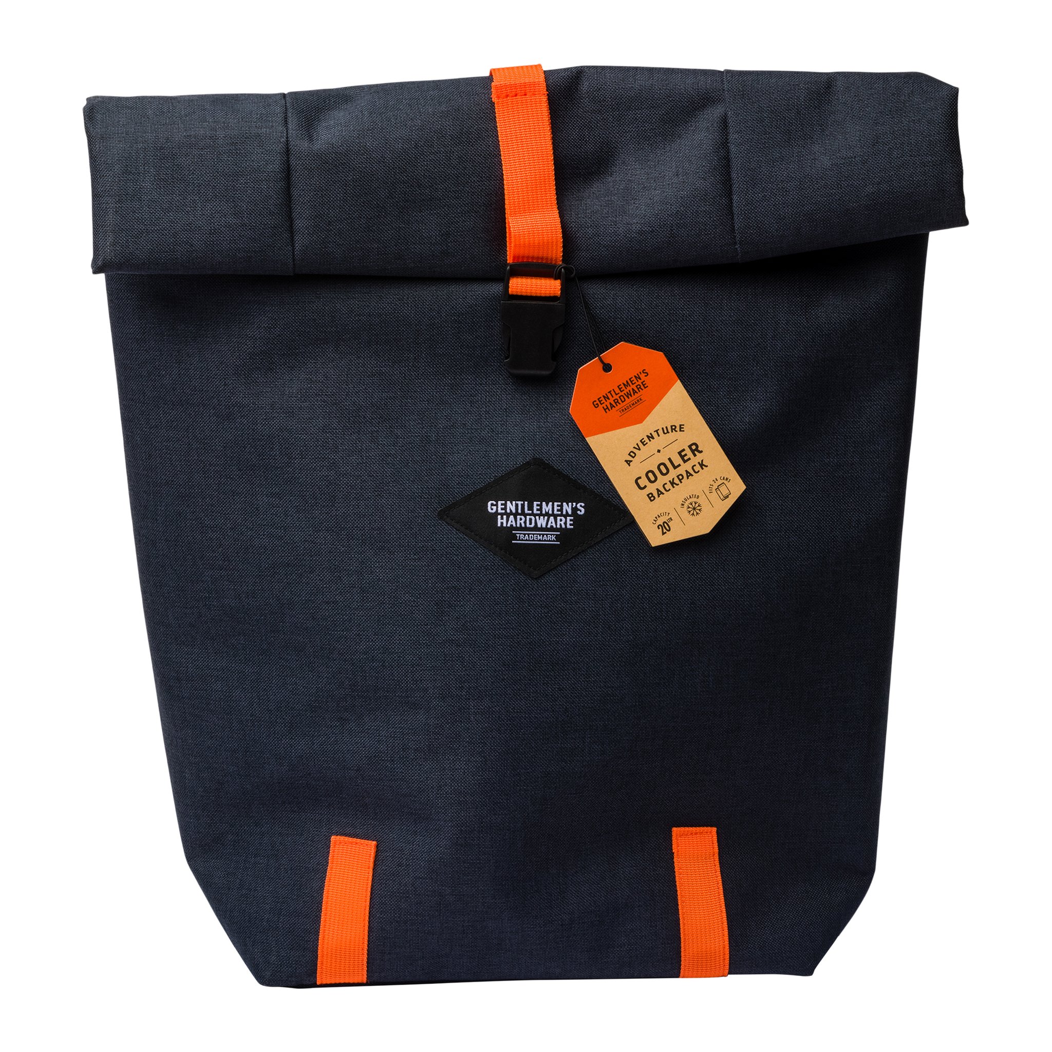 Navy insulated cooler backpack from the front with orange straps, black buckle and a card tag on the roll top