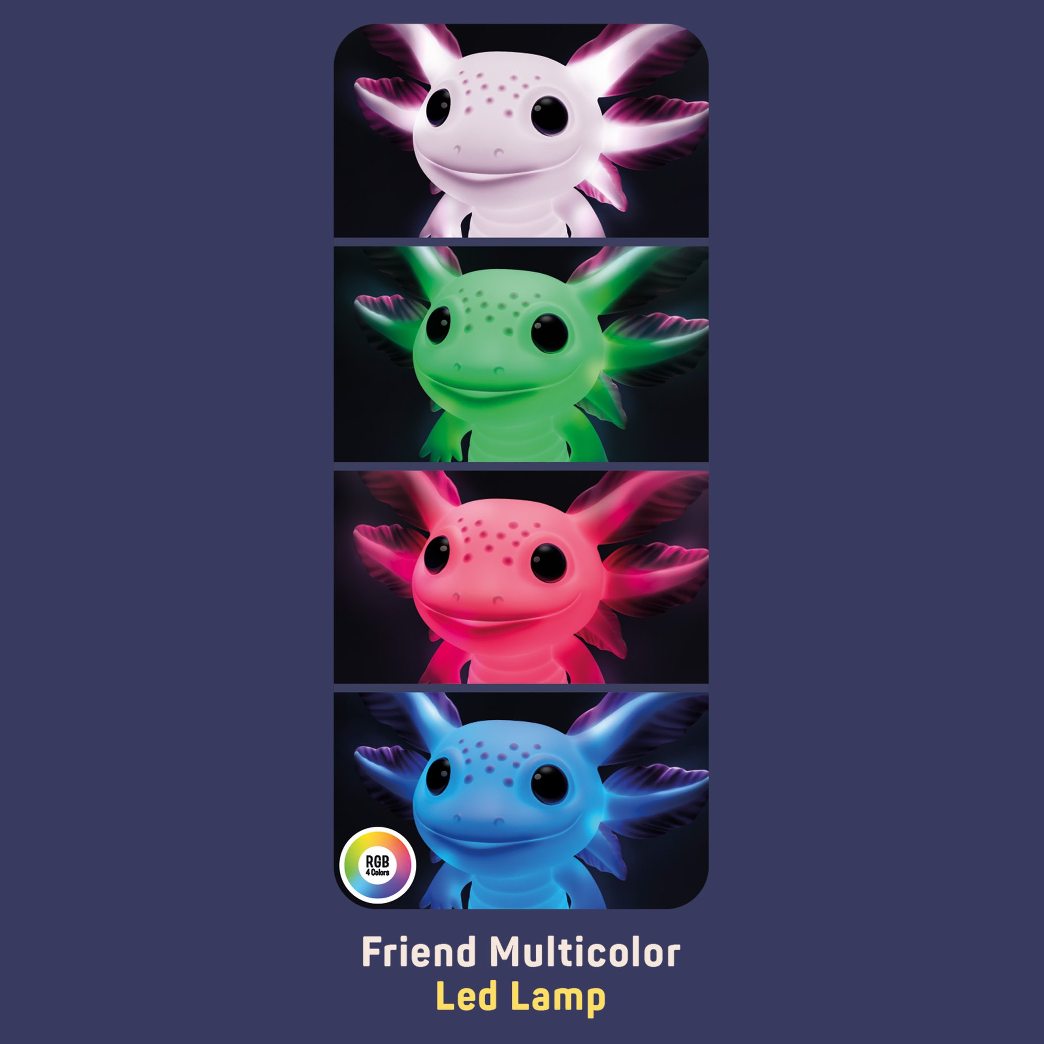 La lampada LED axolotl nei suoi quattro colori di luce: rosa, verde, rosso e blu