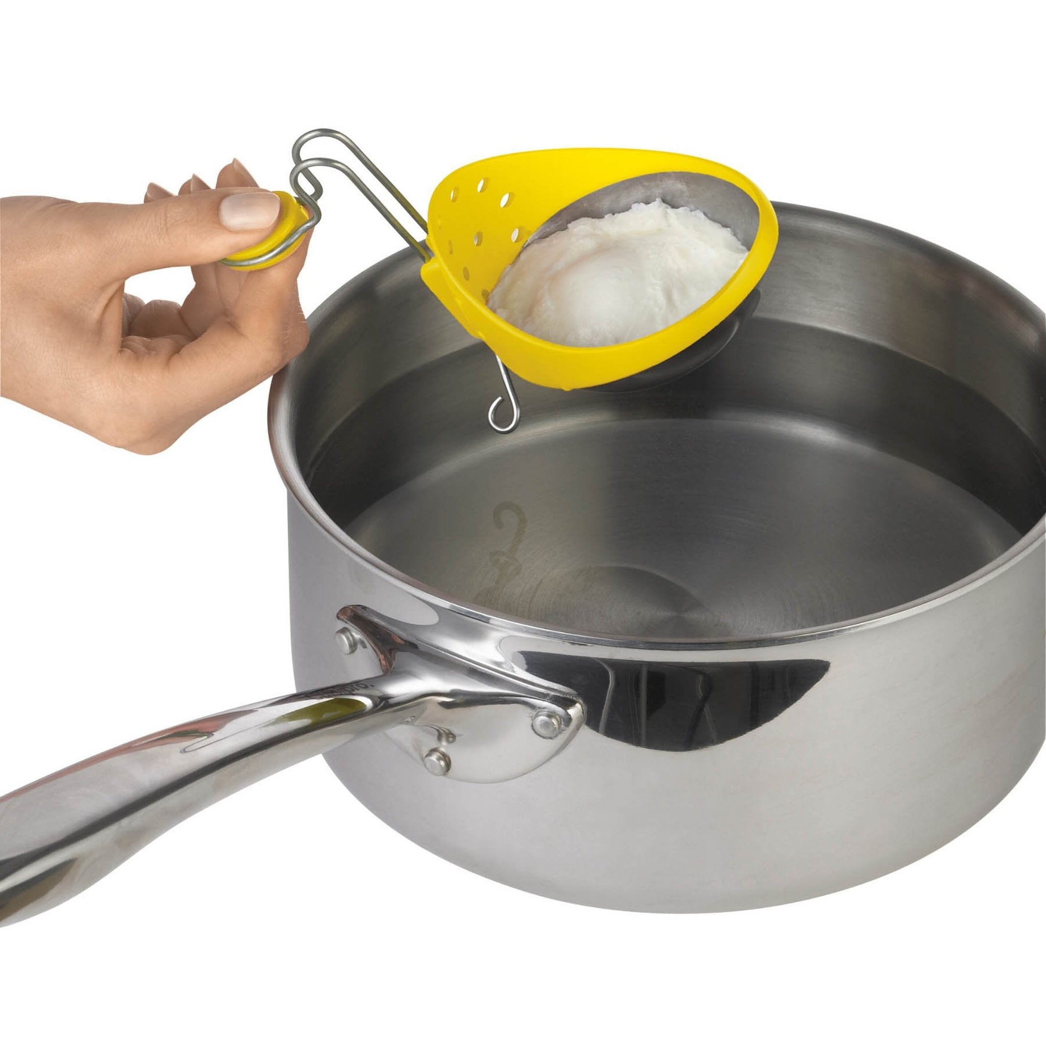 Cuisipro egg poacher with poached egg being lifted from pot