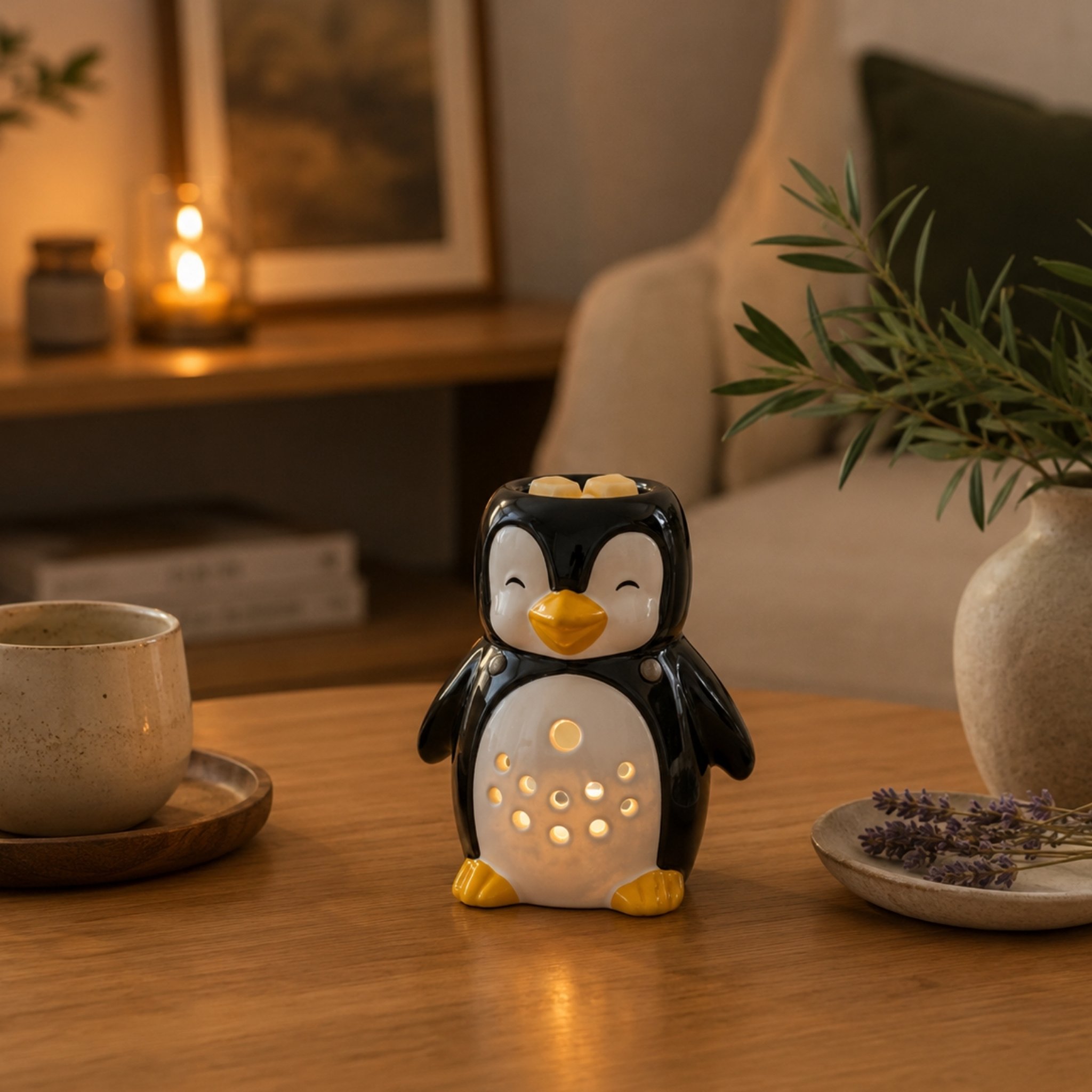 Brennende Pinguin-Duftlampe leuchtet warm im Wohnzimmer am Abend