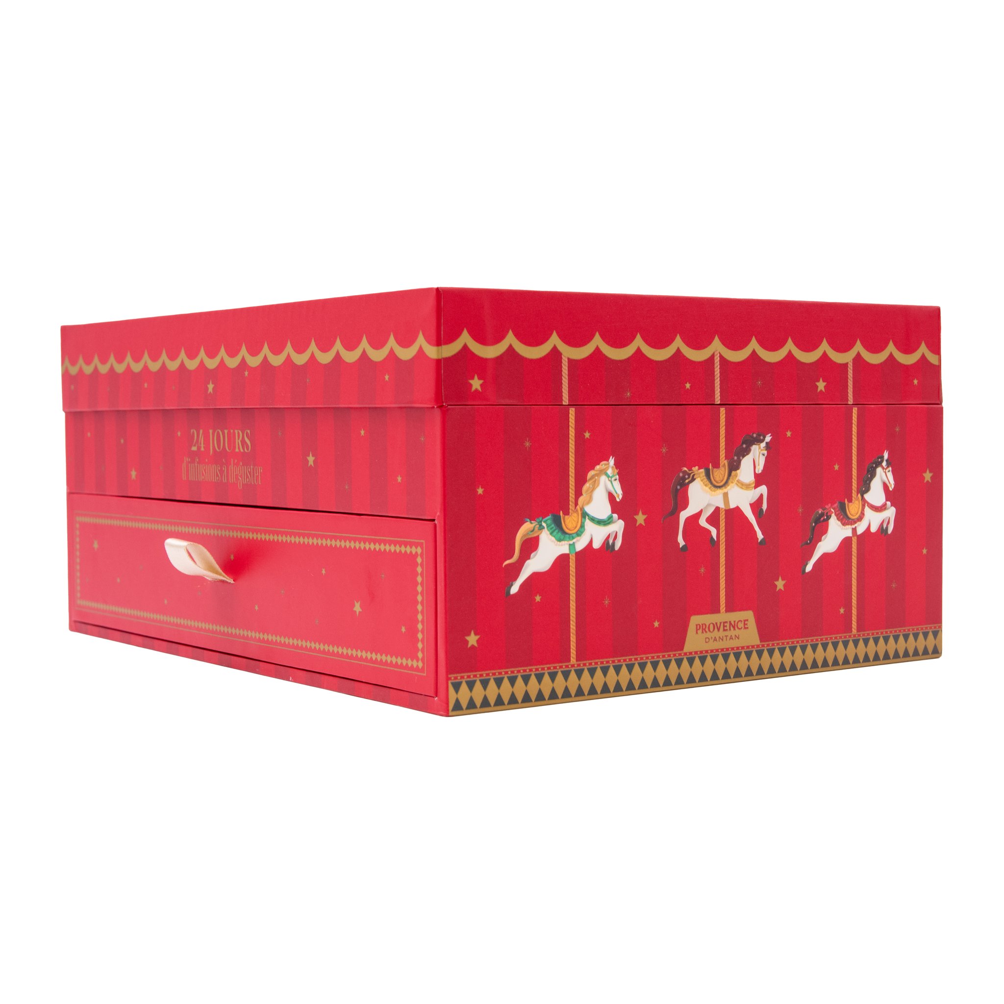 Vue de côté de la boîte fermée, des chevaux de carrousel blancs courent sur le fond rouge.
