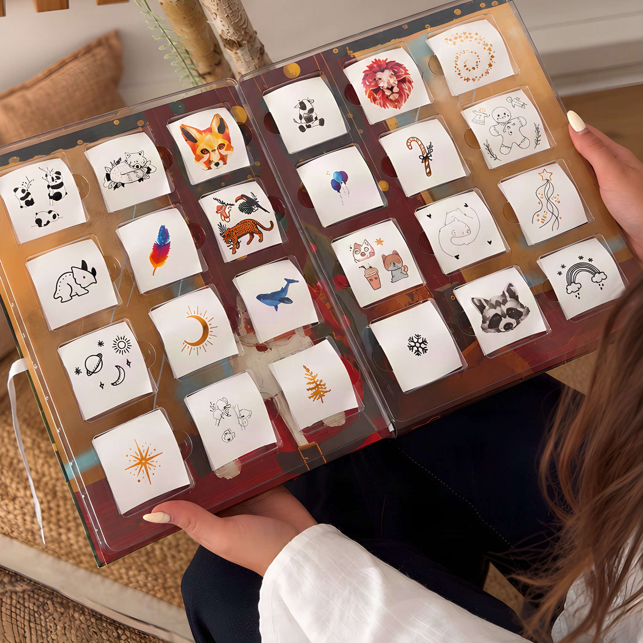 Calendrier de l'Avent de tatouages Atelier de Noël ouvert avec les 24 tatouages pour enfants, dont un renard, un lion, des pandas, une baleine, un dinosaure, un raton laveur et un arc-en-ciel