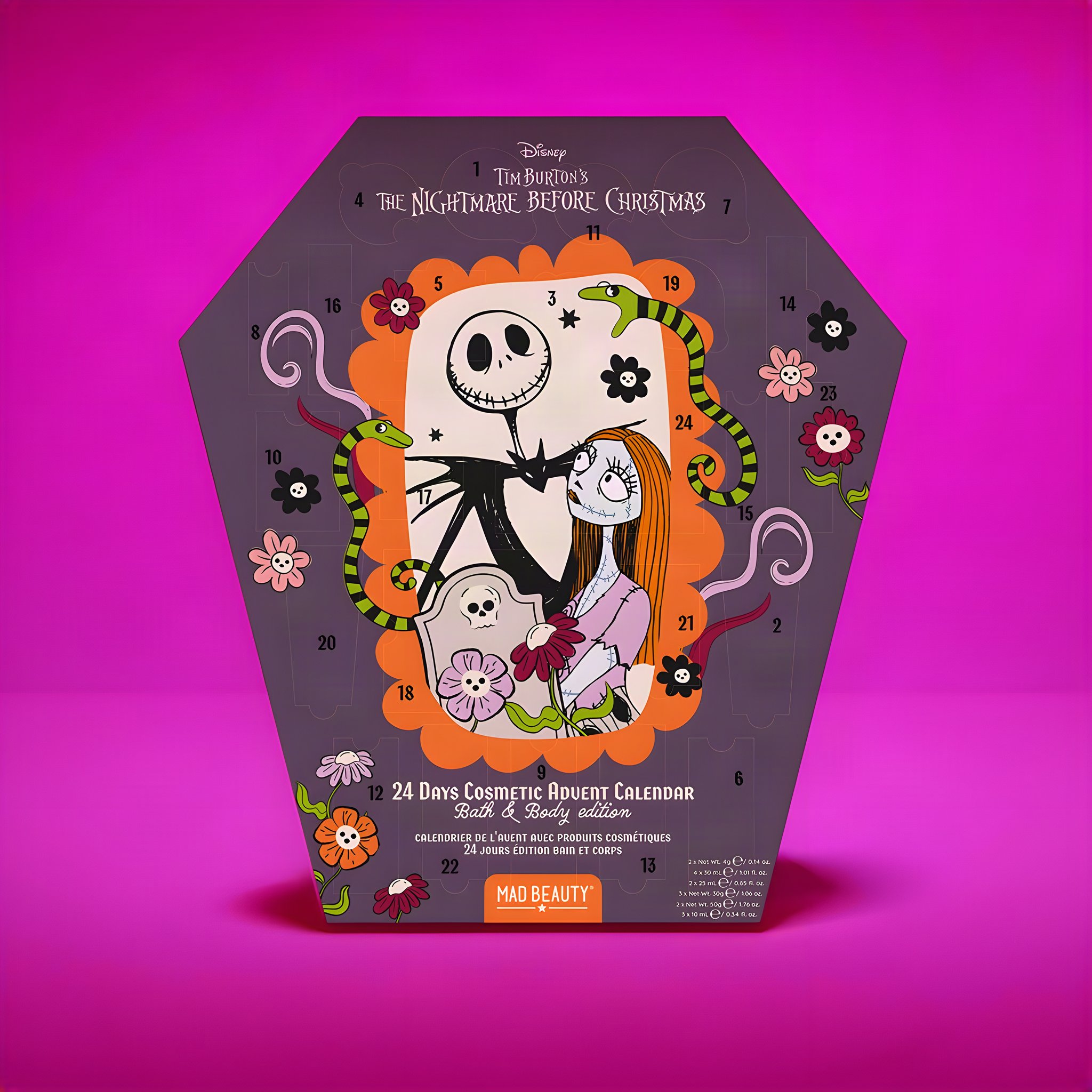 Nightmare Before Christmas Adventskalender in Sargform mit Jack und Sally vor kräftigem Pink