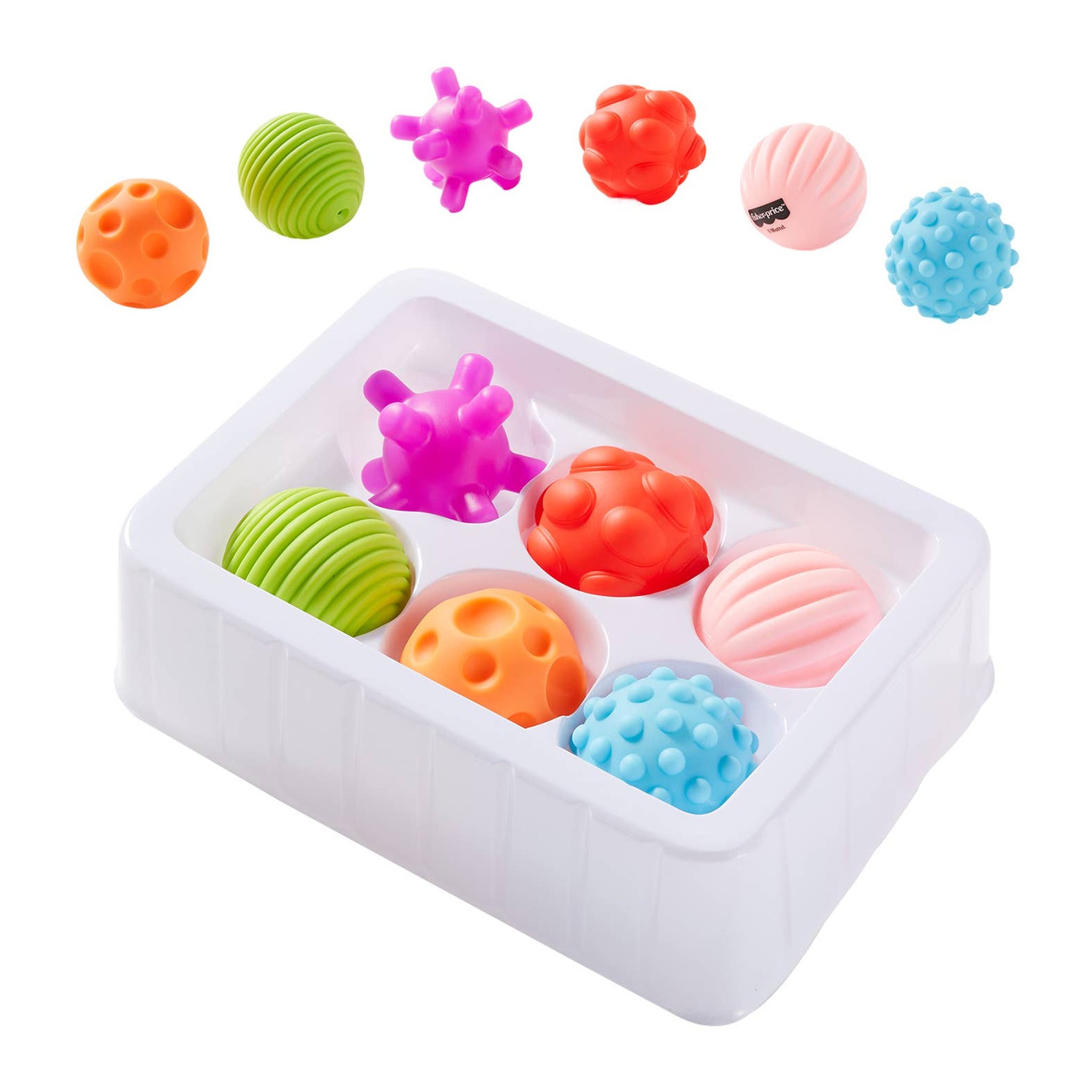 Fisher-Price Sensorik-Bälle neben der Schale mit sechs Mulden