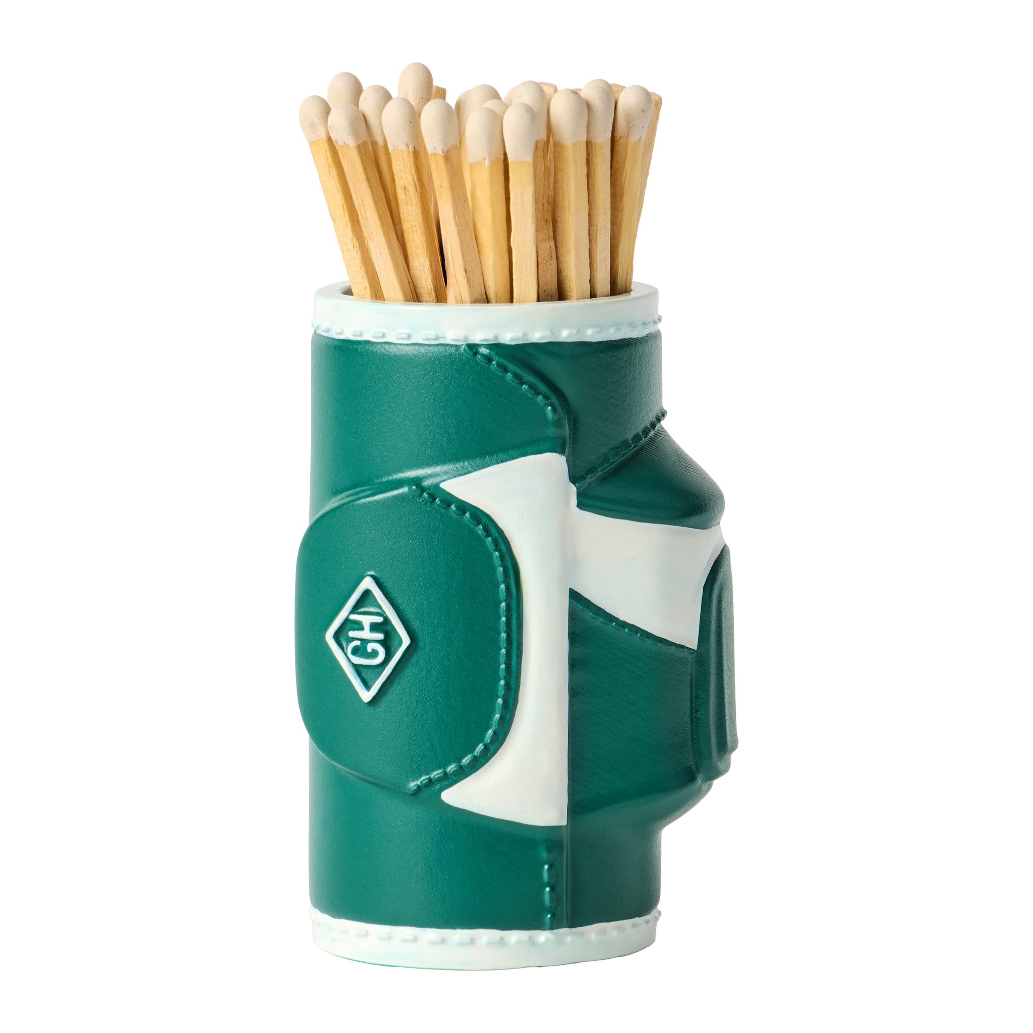 Green and white golf bag match holder with a GH emblem, filled to the top with wooden matches