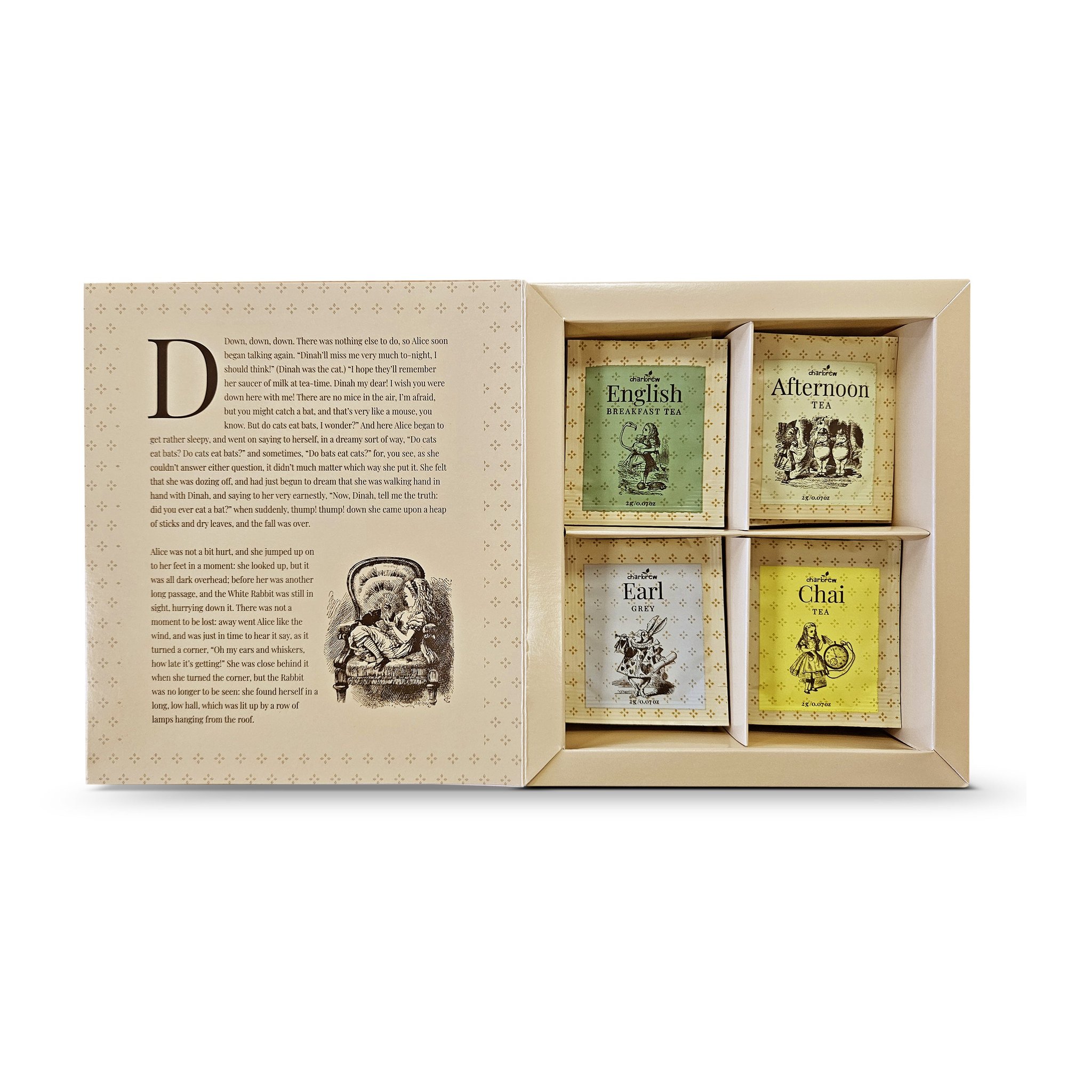 Opened tea book with Alice story text and four compartments of tea