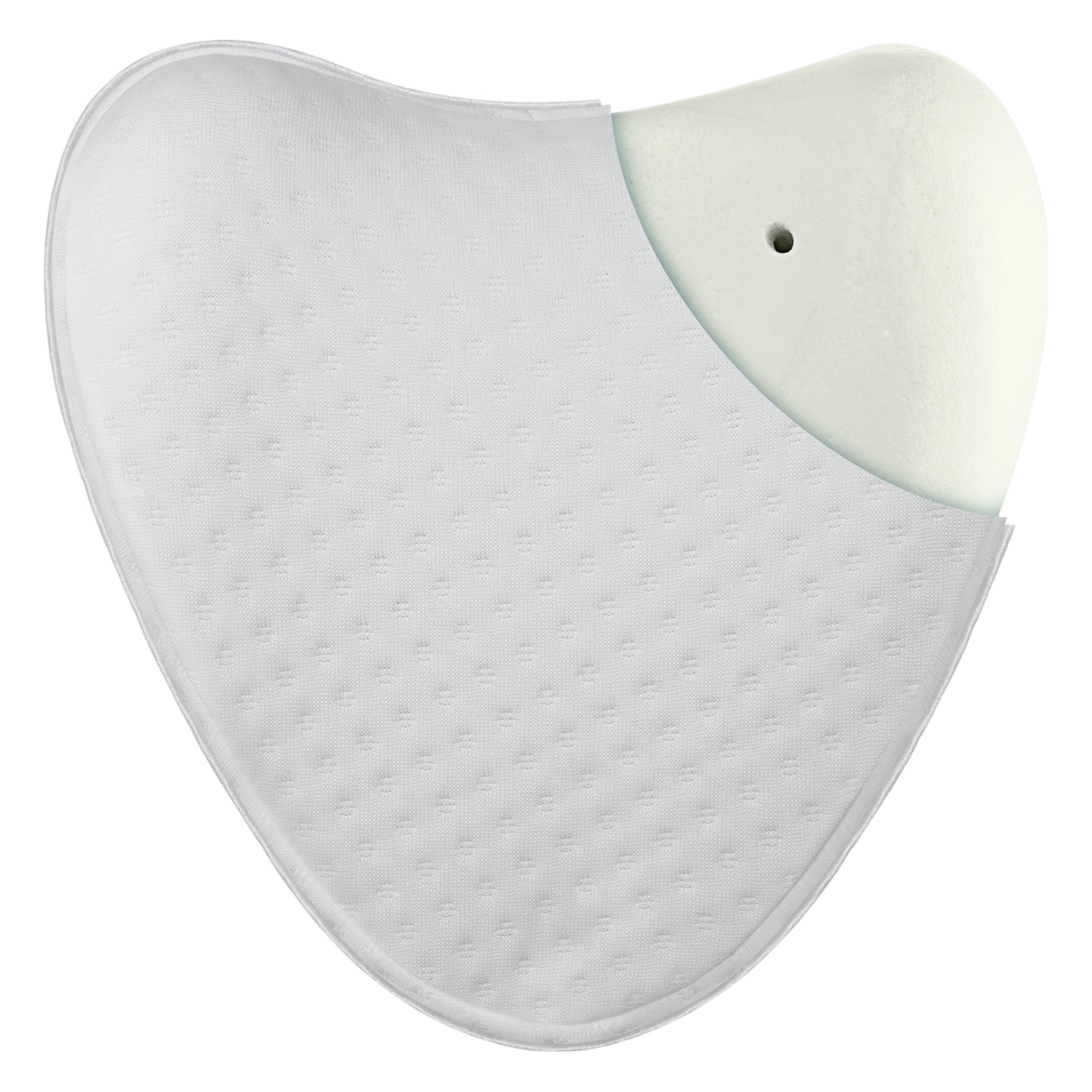 Herzförmiges Knie-Kissen mit aufgeschlagenem Bezug und sichtbarem Memory-Foam-Kern